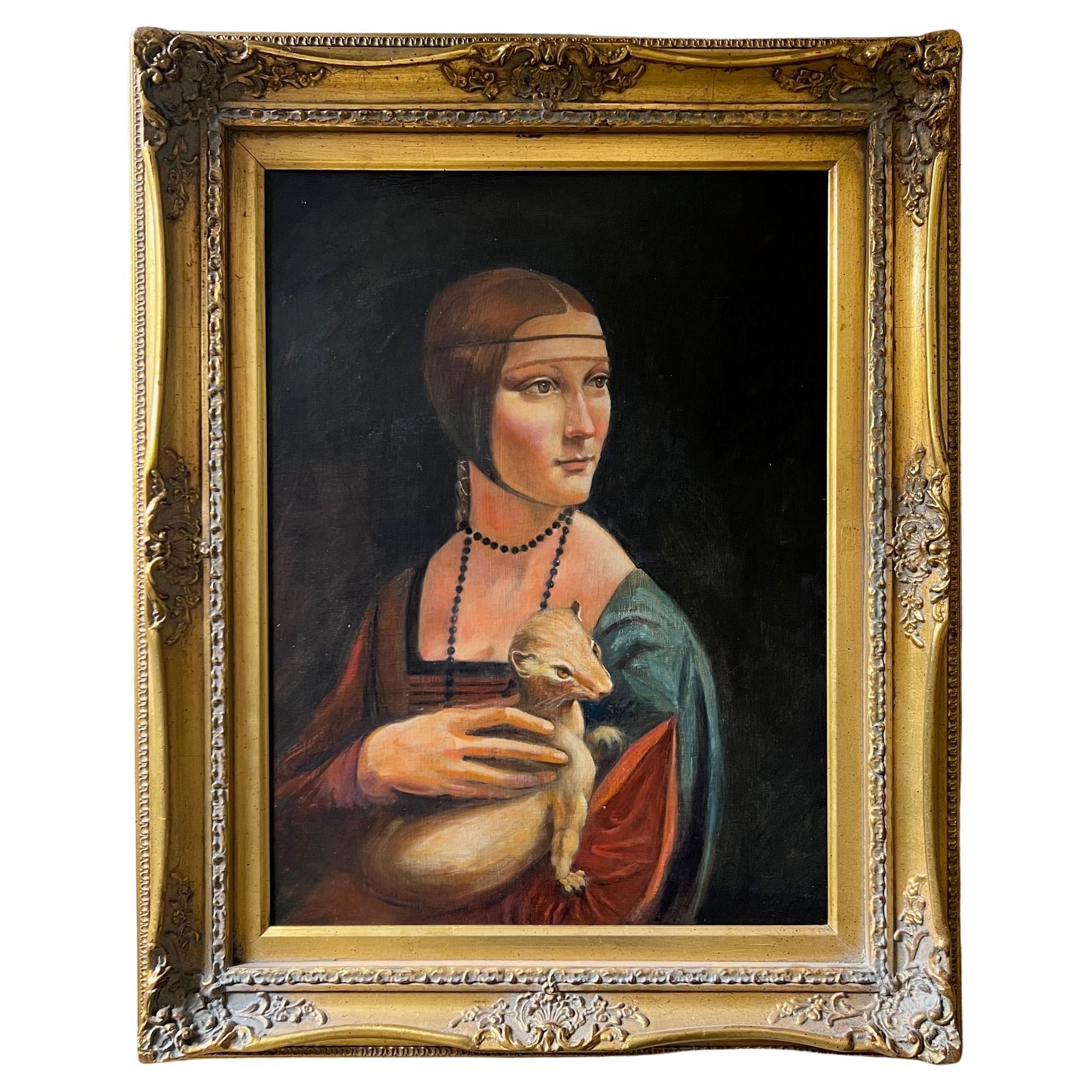 Inconnu Peinture à l'huile de Léonard de Vinci « Lady with an Ermine », cadre vintage, 1999 en vente
