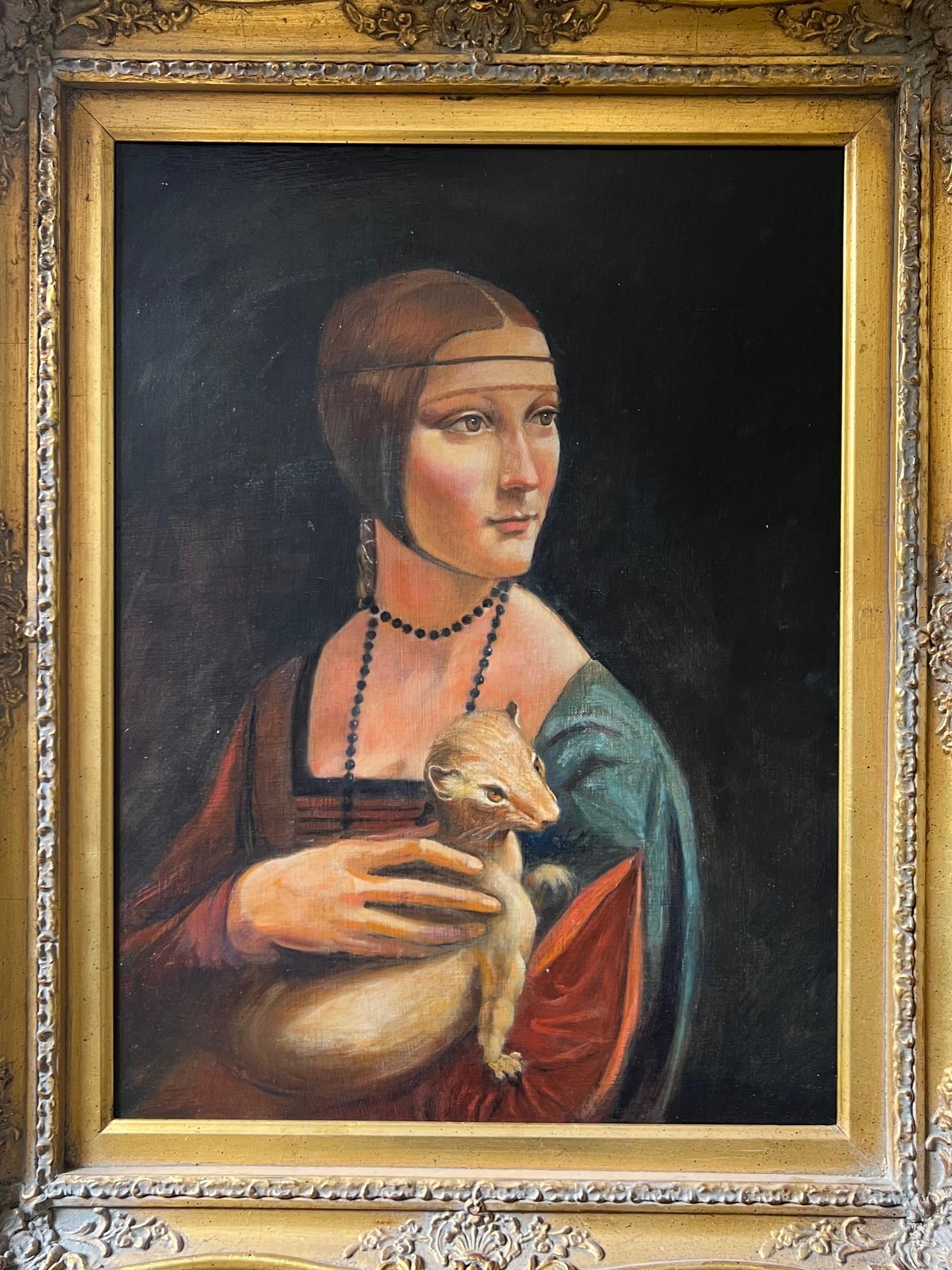 Peint à la main Peinture à l'huile de Léonard de Vinci « Lady with an Ermine », cadre vintage, 1999 en vente