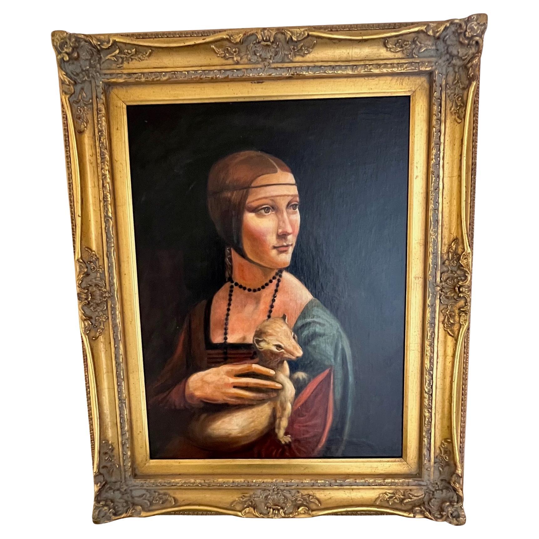 1999 Oil Painting- Version of da Vinci "Lady with an Ermine", Vintage Frame For Sale