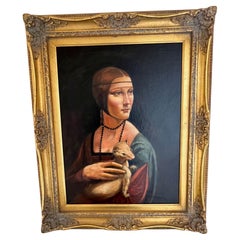 1999 Pittura a olio - Versione della "Dama con l'ermellino" di Da Vinci, cornice d'epoca