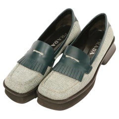1999 PRADA emerald green leather & tweed RUNWAY kiltie loafers - 39.5