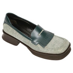 1999 PRADA emerald green leather & tweed split sole RUNWAY loafers - 39.5