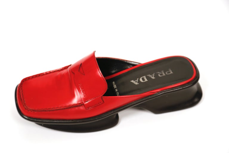 1999 PRADA red polished leather platform loafers - 36.5 at 1stDibs