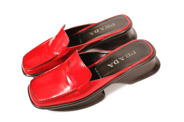 1999 PRADA red polished leather platform loafers - 36.5 at 1stDibs