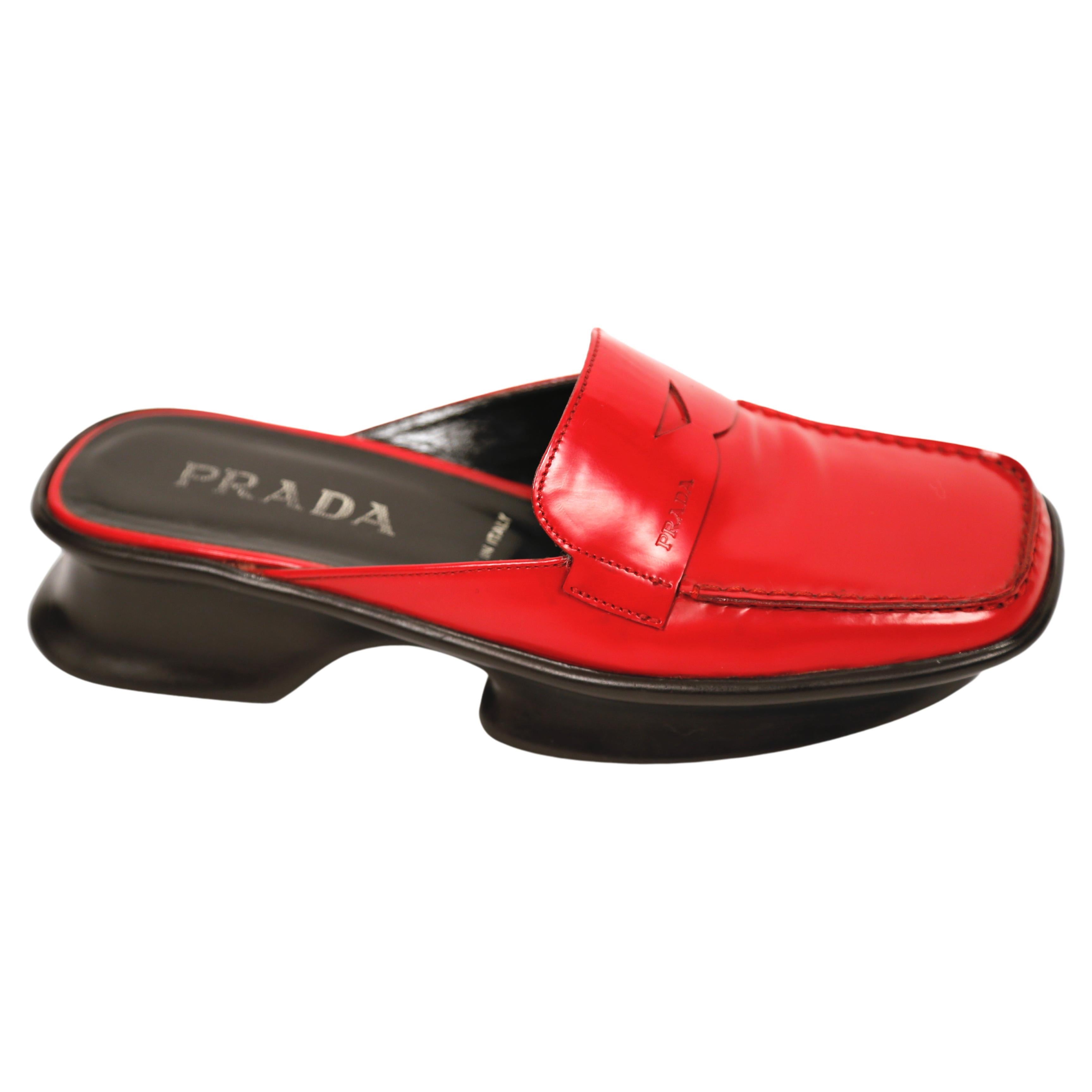 1999 polished leather platform loafers - 36.5 at 1stDibs | prada split sole, red prada loafers, prada platform loafers