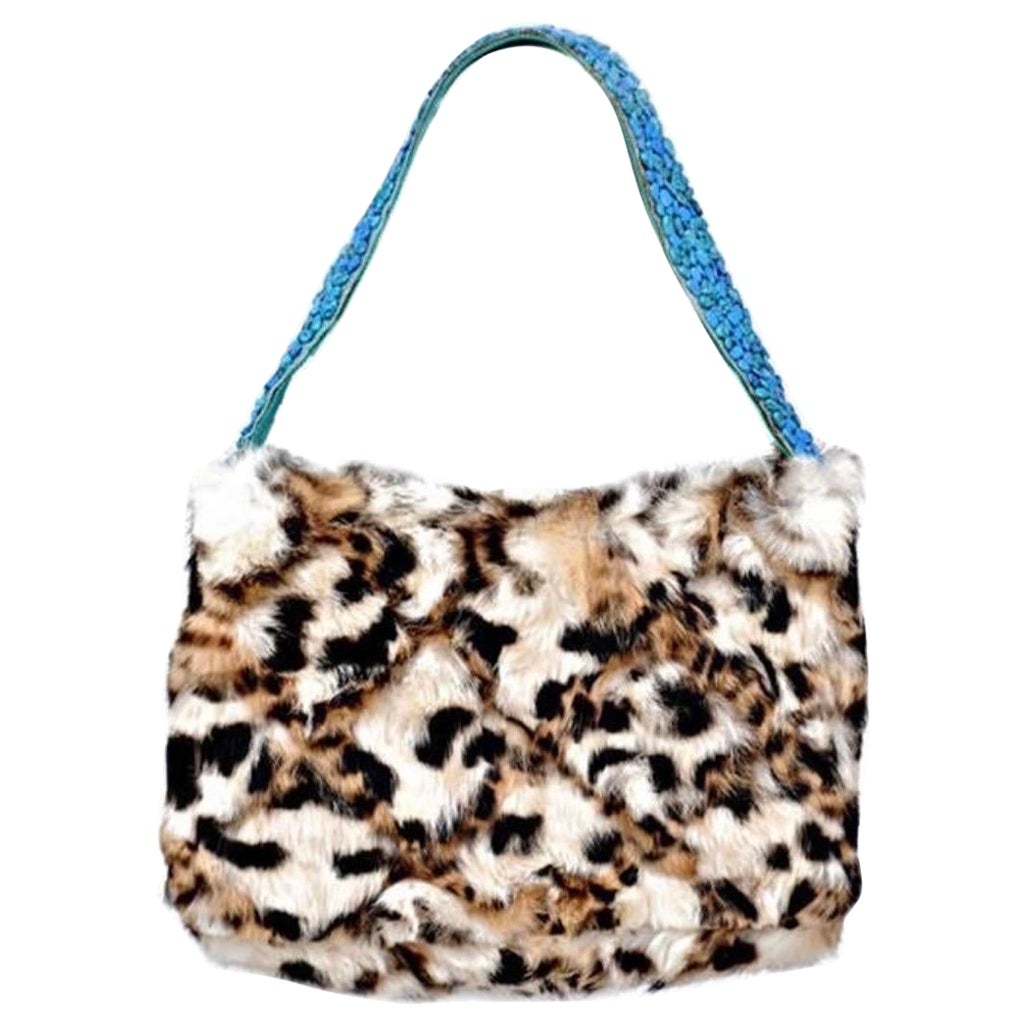 1999 Seltene Gianni Versace Laufsteg Pelzhandtasche mit Tierdruck und türkisfarbenen Steinen