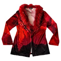 1999 Roberto Cavalli Red Leaf Print Cardigan With Fur Collar