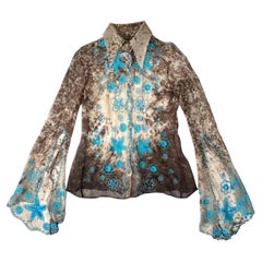 1999 Roberto Cavalli Sheer Horse Print Silk Shirt With Blue Embroidered Flowers