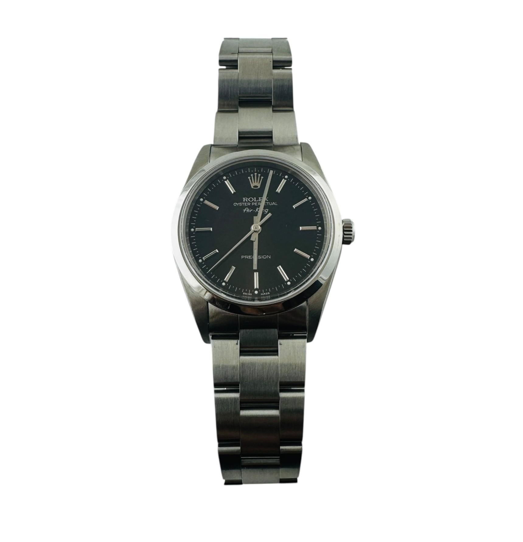 1999 Rolex Air King Men's Watch

Model: 14000
Serial: A577088

This classic men's Rolex watch is set in stainless steel with a smooth bezel

Black dial with silver stick hour markers

34mm case

Oyster bracelet fits up to a 7 3/4