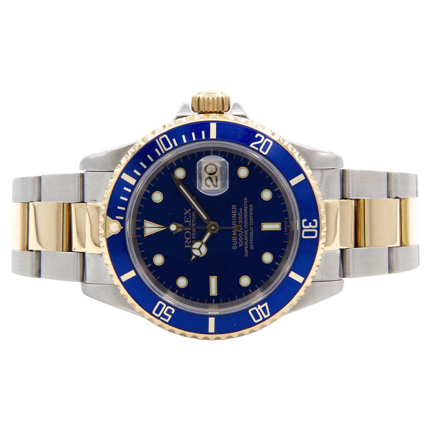 1999 Rolex Bluesy Submariner Two Tone 18k Gold Stainless Steel Blue 16613