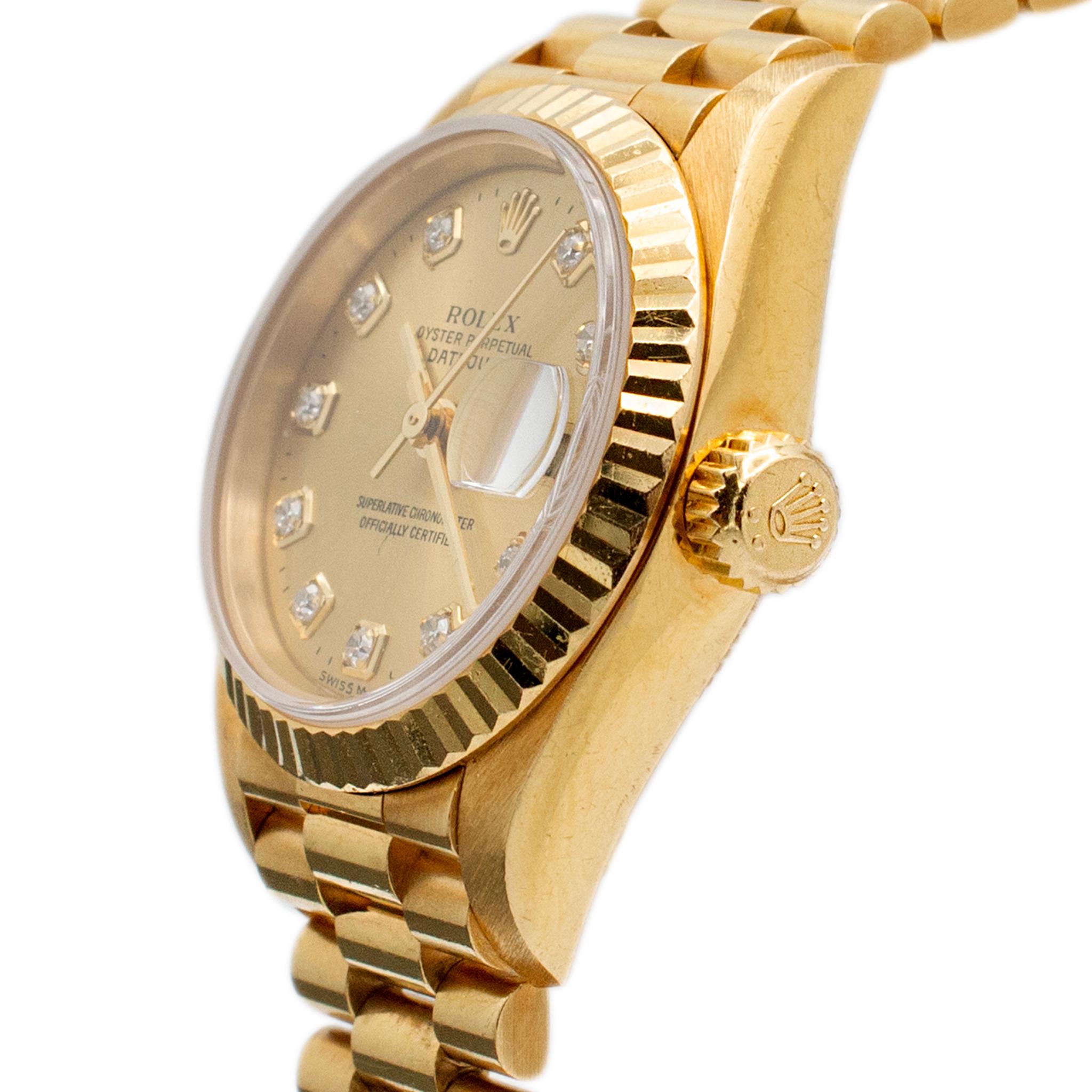 Round Cut 1999 Rolex Ladies Datejust 26 79178 Champagne Diamond Dial President Gold Watch For Sale