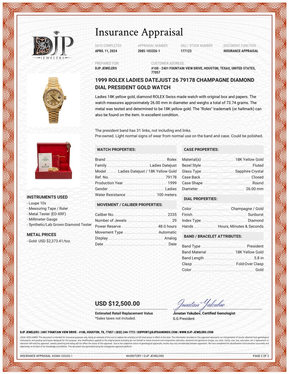 1999 Rolex Damen Datejust 26 79178 Champagner-Diamant-Zifferblatt Präsident Golduhr 5