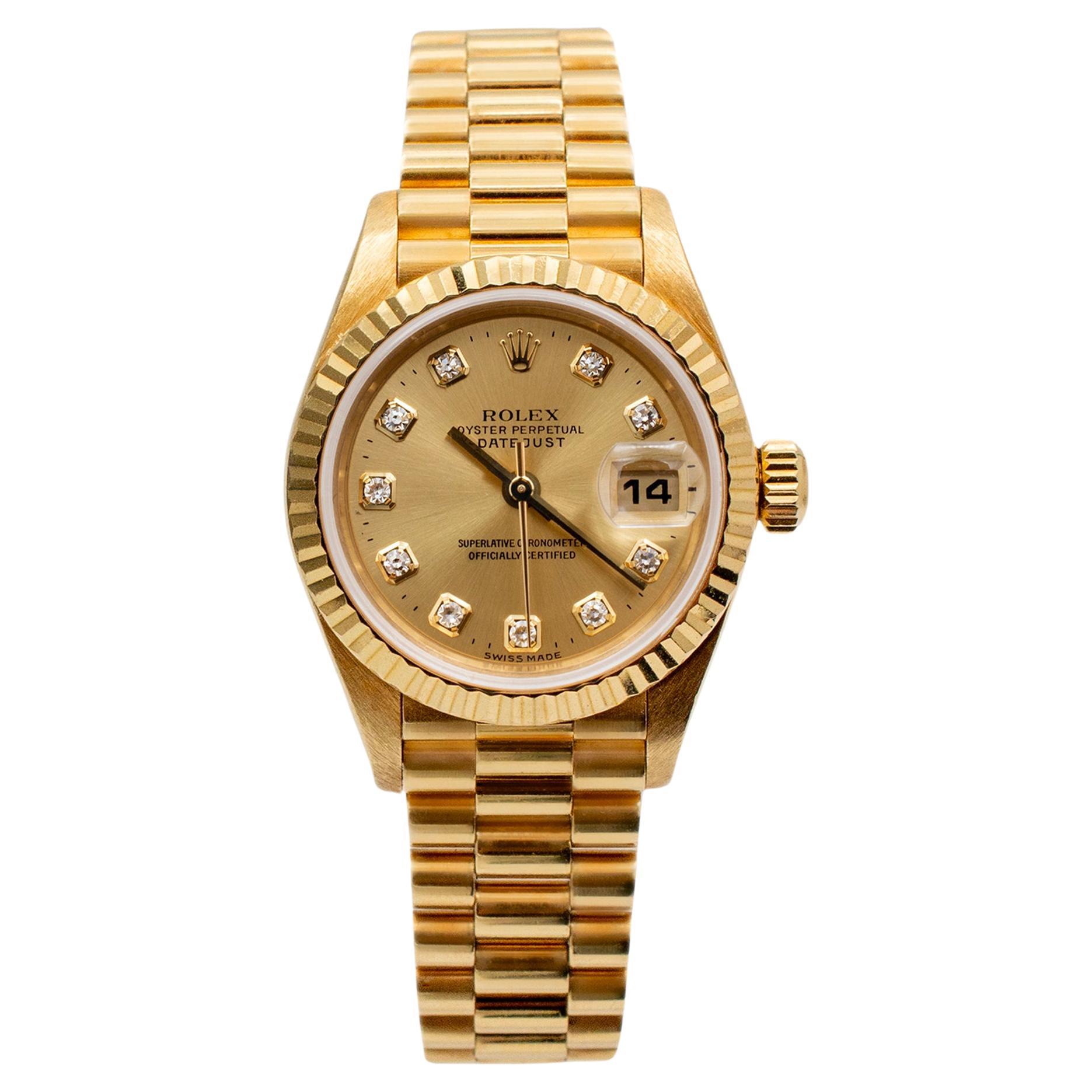 1999 Rolex Ladies Datejust 26 79178 Champagne Diamond Dial President Gold Watch For Sale