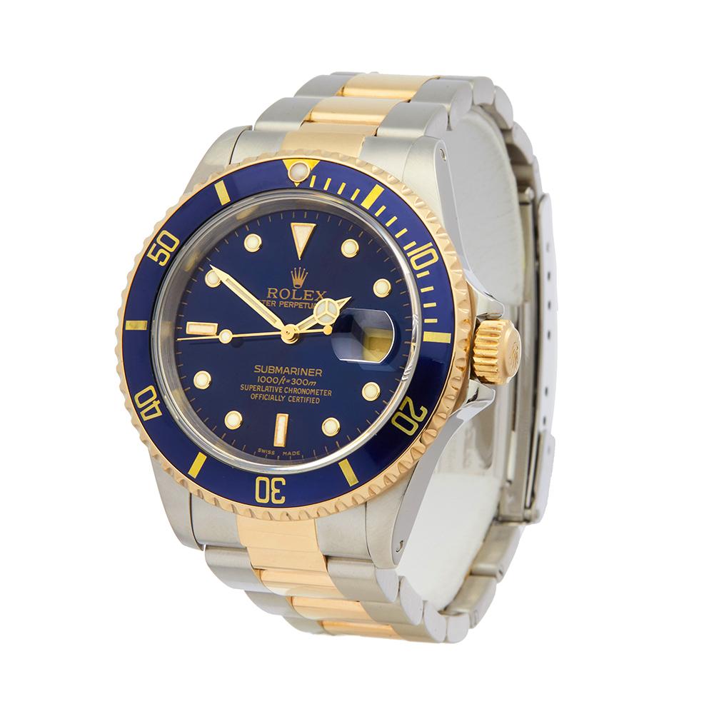 Contemporary 1999 Rolex Submariner Steel & Yellow Gold 16613LB Wristwatch
 *
 *Complete with: Box Only dated 1999
 *Case Size: 40mm
 *Strap: Stainless Steel & 18K Yellow Gold Oyster
 *Age: 1999
 *Strap length: Adjustable up to 19cm. Please note we