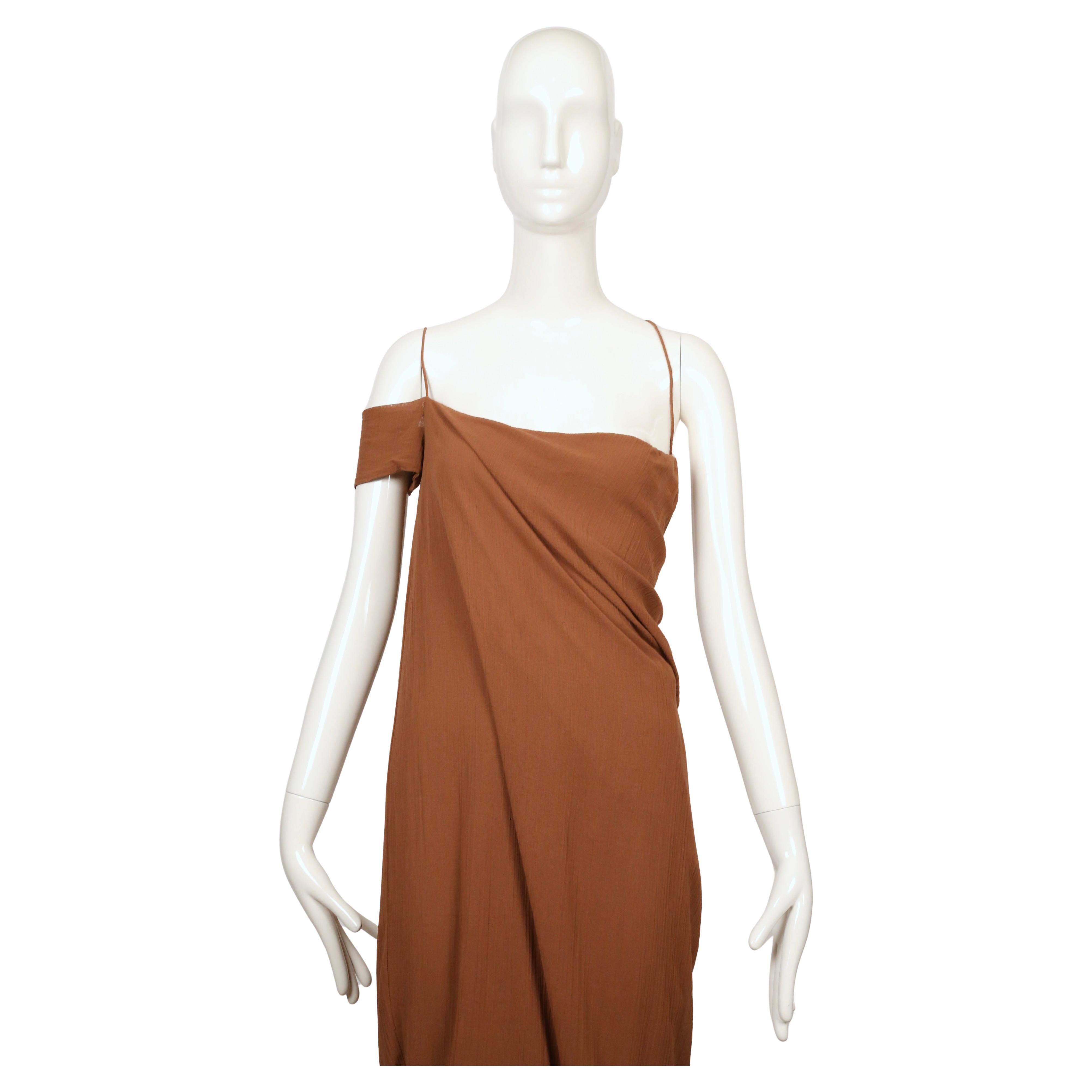 Brown 1999 Romeo Gigli cinnamon brown RUNWAY dress with lace trim For Sale