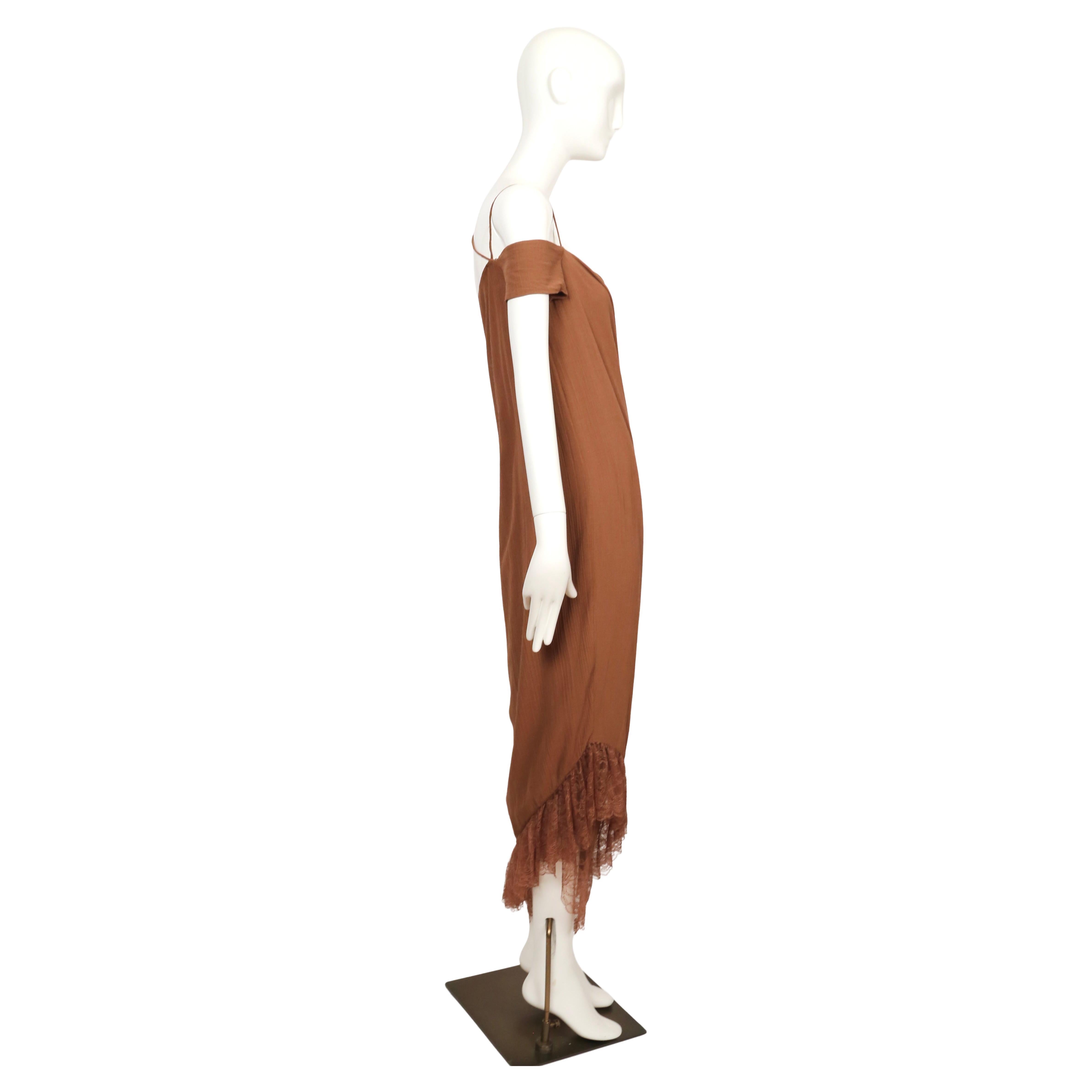 1999 Romeo Gigli cinnamon brown RUNWAY dress with lace trim In Good Condition For Sale In San Fransisco, CA