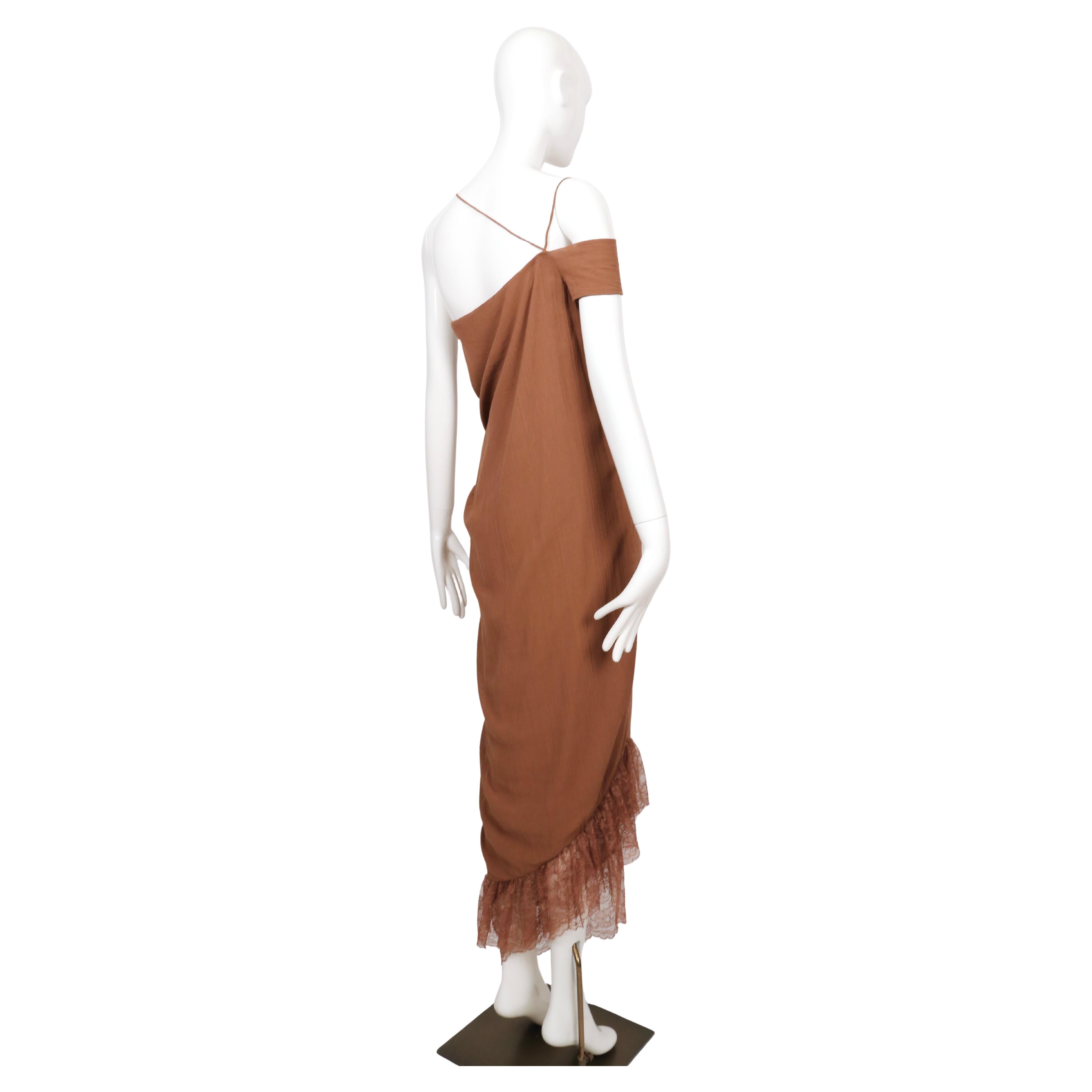 Women's or Men's 1999 Romeo Gigli cinnamon brown RUNWAY dress with lace trim For Sale