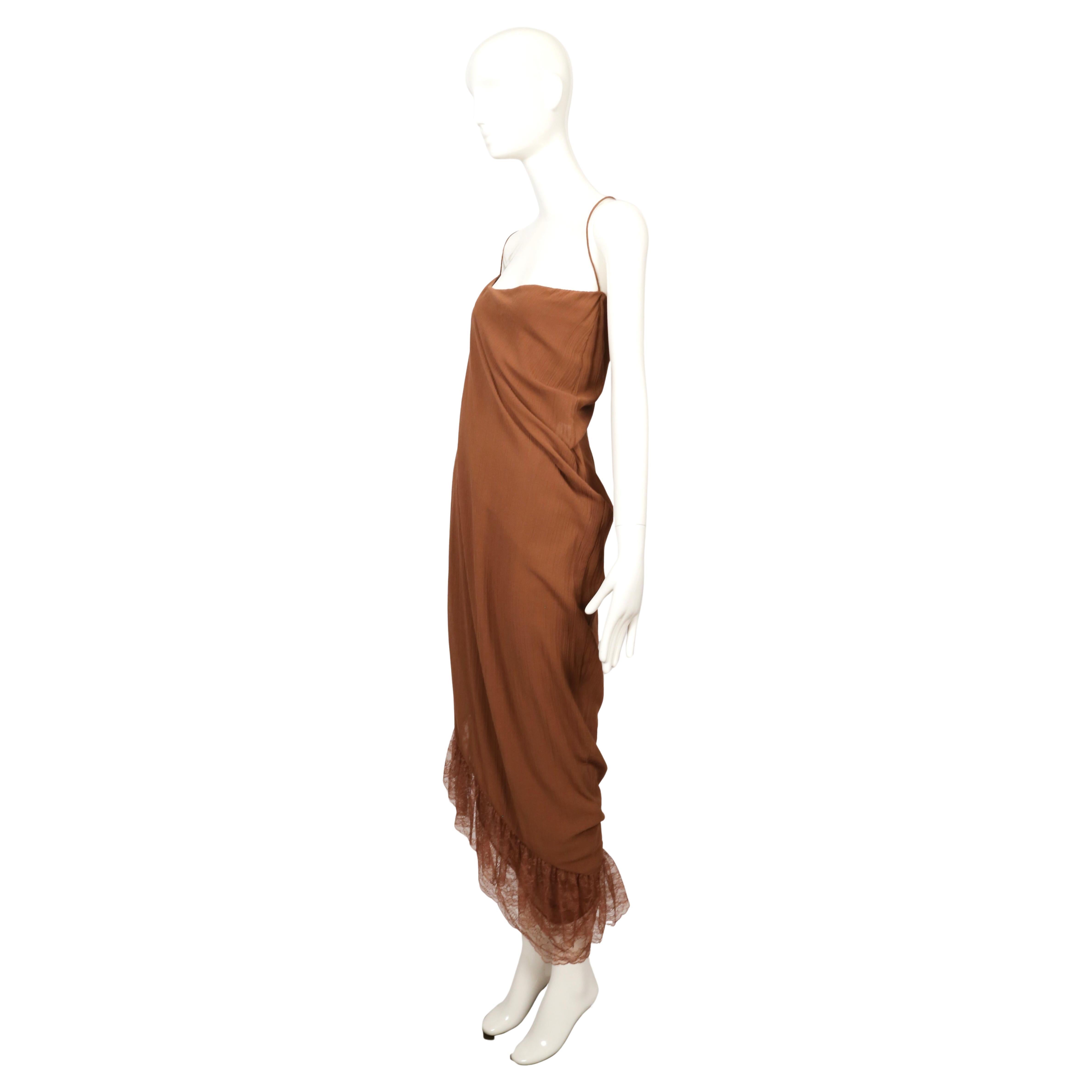 1999 Romeo Gigli cinnamon brown RUNWAY dress with lace trim For Sale 1