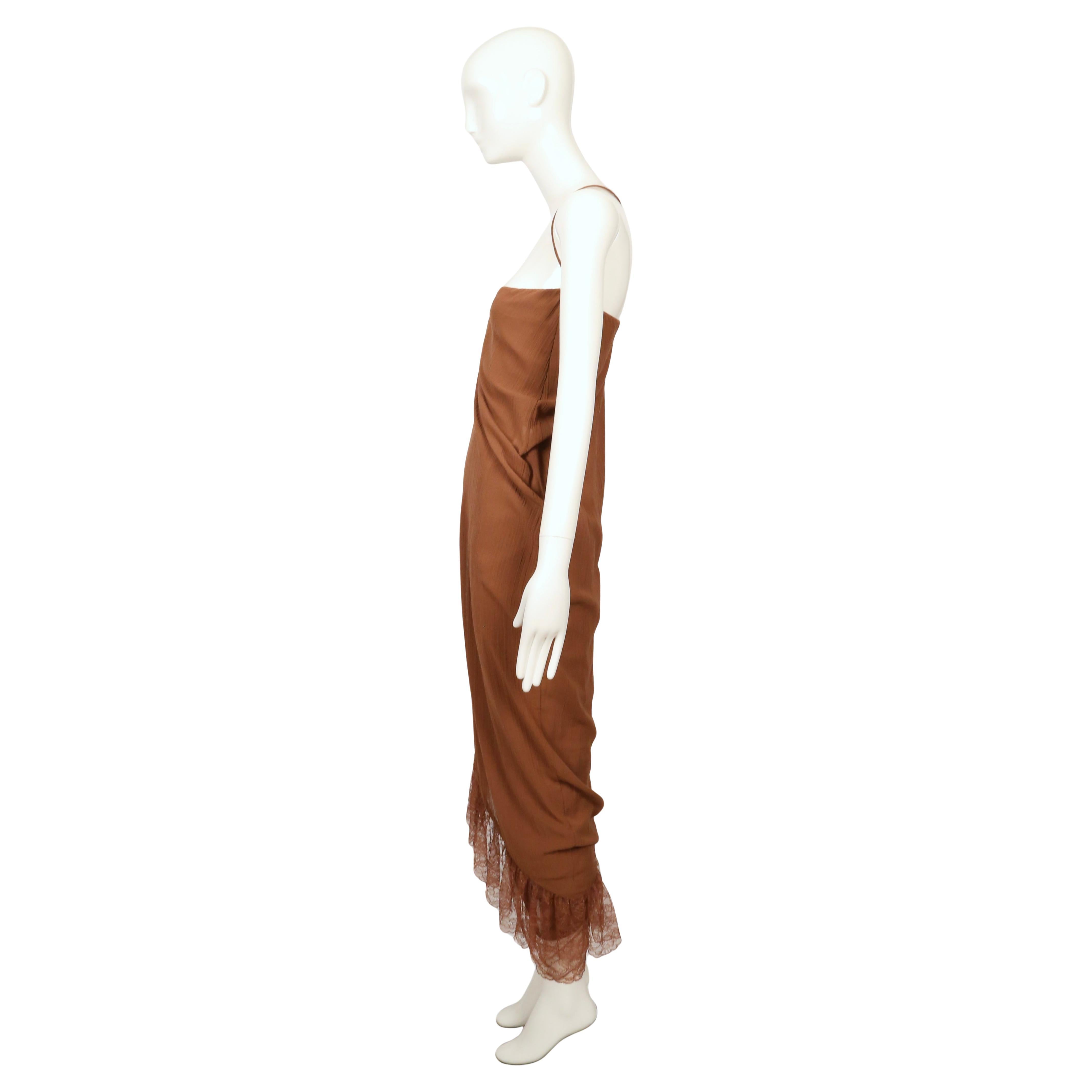 1999 Romeo Gigli cinnamon brown RUNWAY dress with lace trim For Sale 2