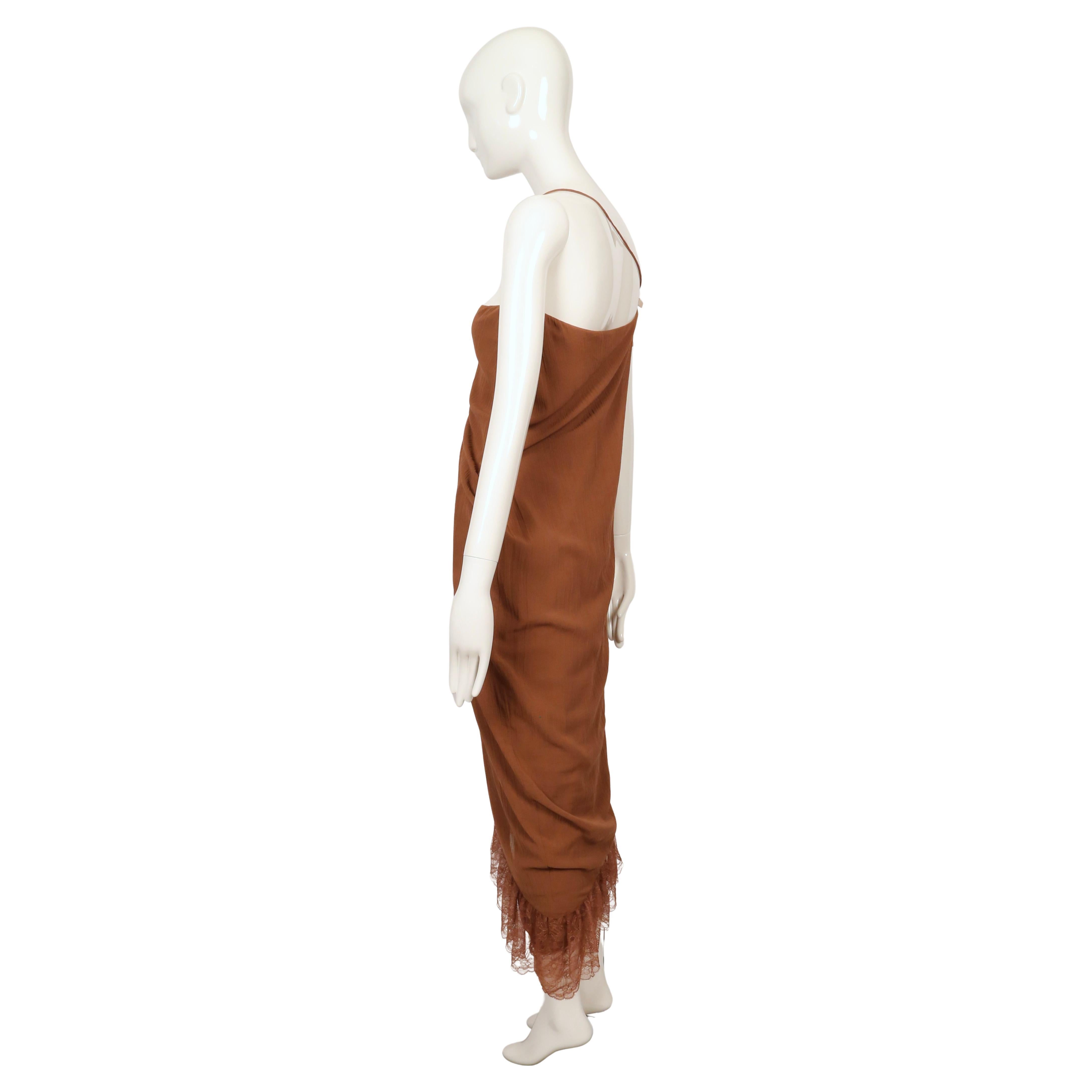 1999 Romeo Gigli cinnamon brown RUNWAY dress with lace trim For Sale 3