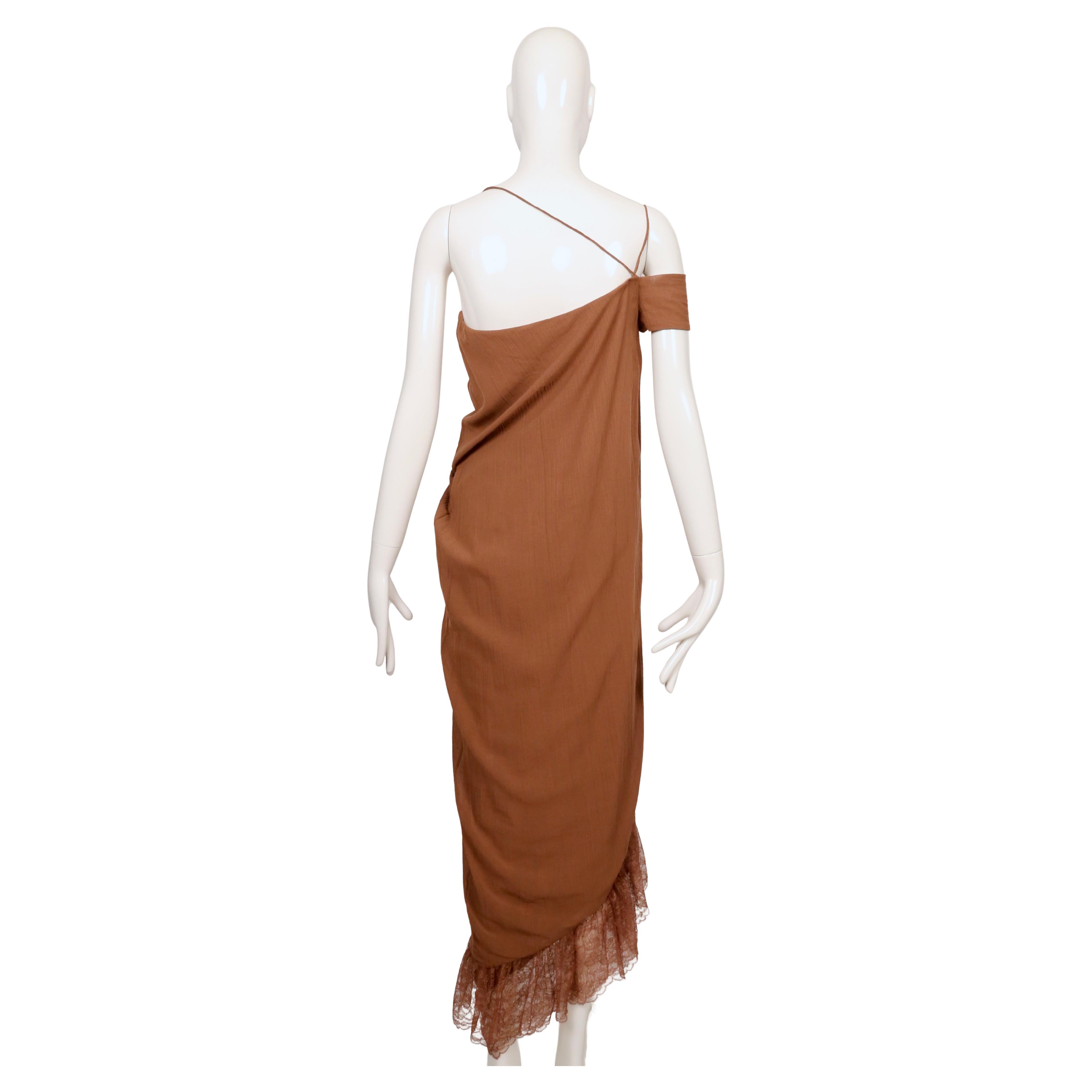 1999 Romeo Gigli cinnamon brown RUNWAY dress with lace trim For Sale 4