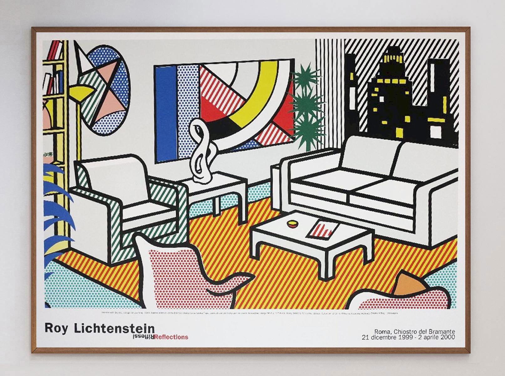 A beautiful and rare piece, this poster was produced for Roy Lichtenstein's exhibition at the Chiostro del Bramante in Rome, Italy. The exhibition was held between December 1999 and April 2000 and this promotional poster features his 1992 painting