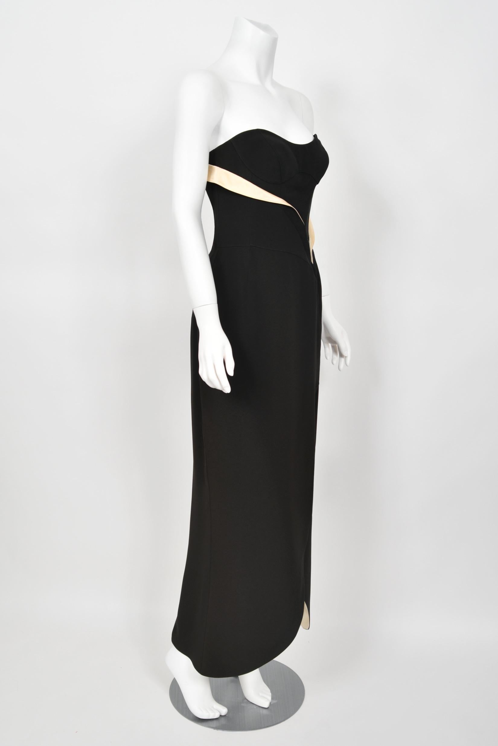 1999 Thierry Mugler Black & Ivory Strapless Bustier Hourglass High-Slit Gown For Sale 6