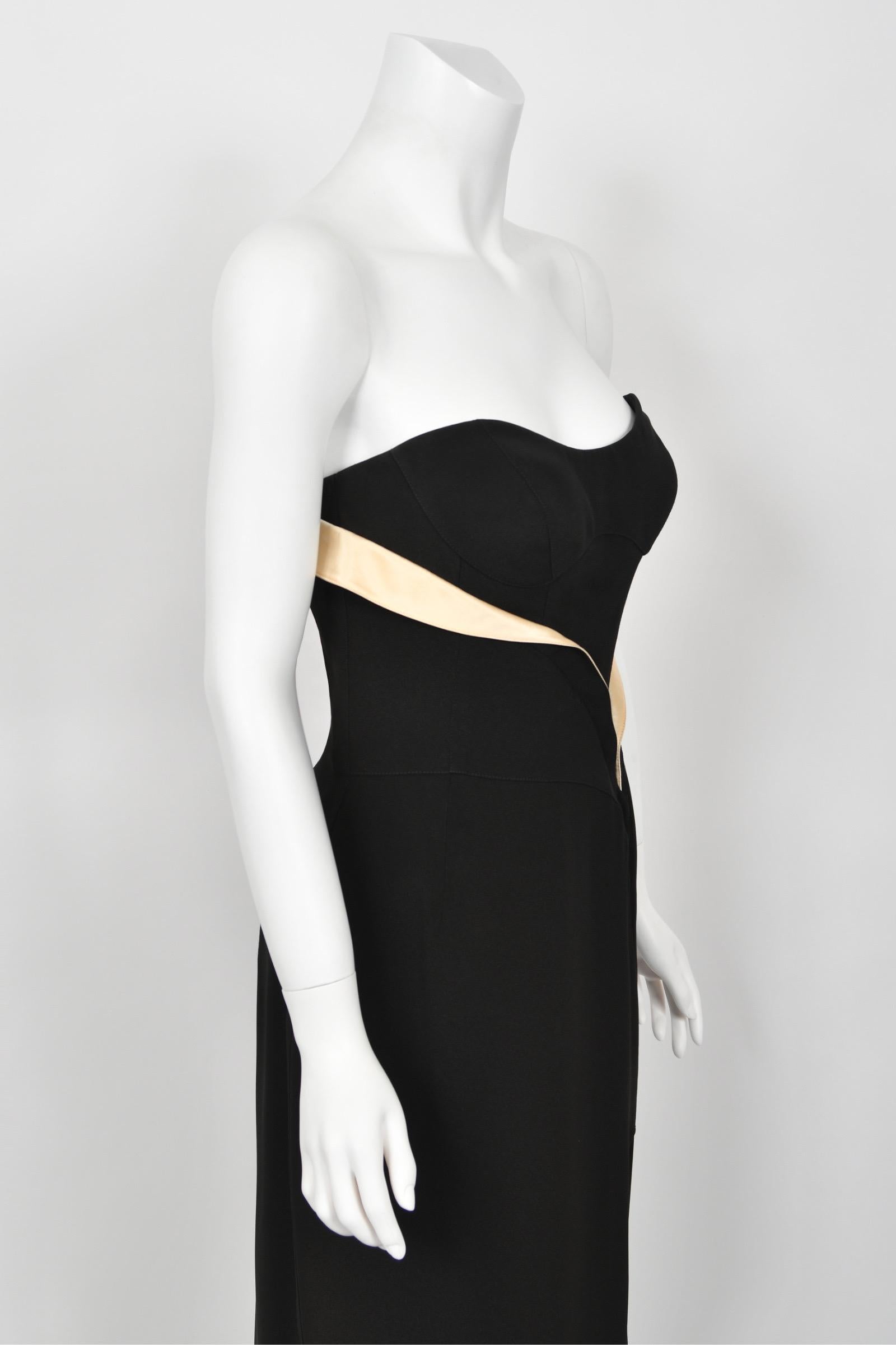 1999 Thierry Mugler Black & Ivory Strapless Bustier Hourglass High-Slit Gown For Sale 7