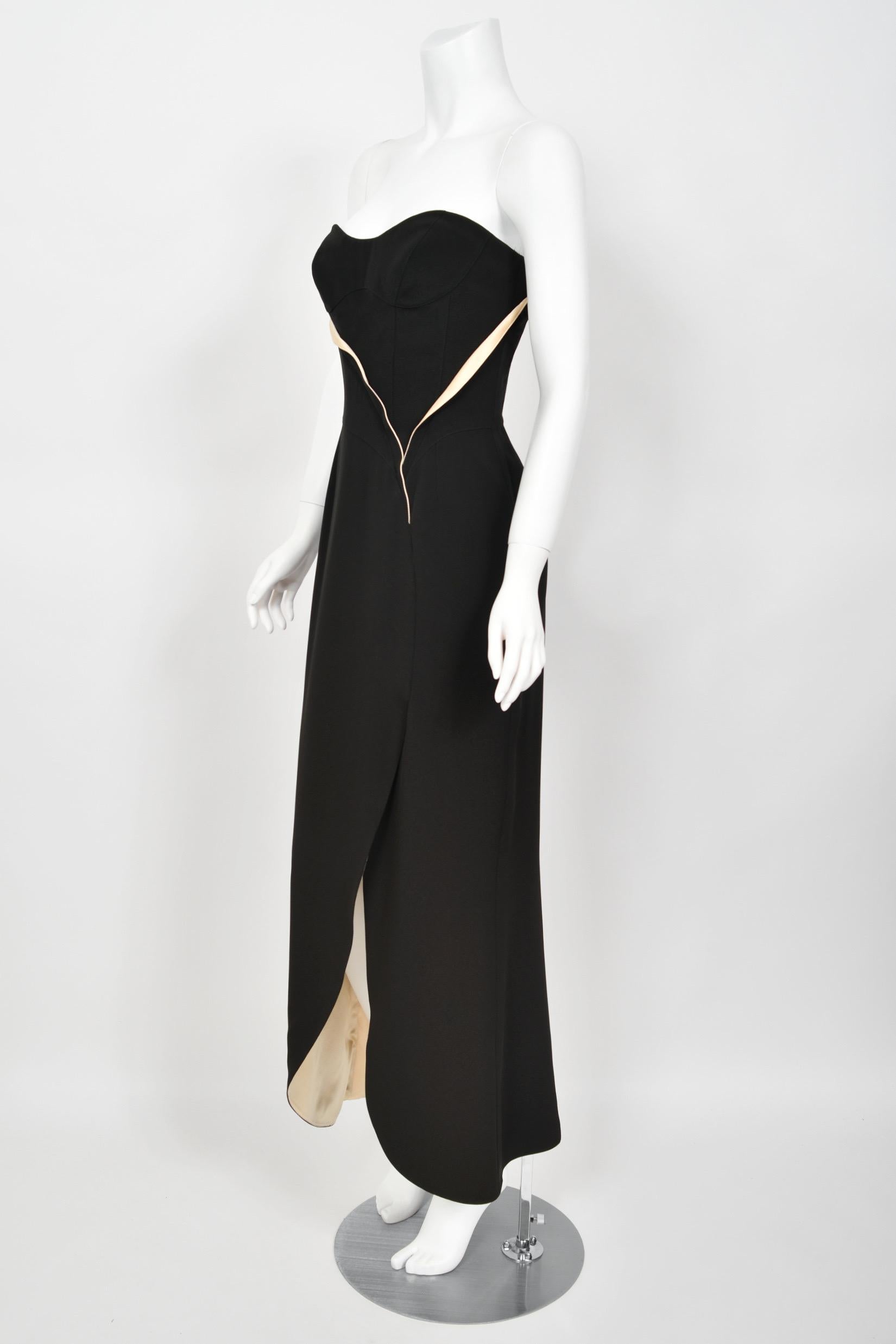1999 Thierry Mugler Black & Ivory Strapless Bustier Hourglass High-Slit Gown For Sale 3
