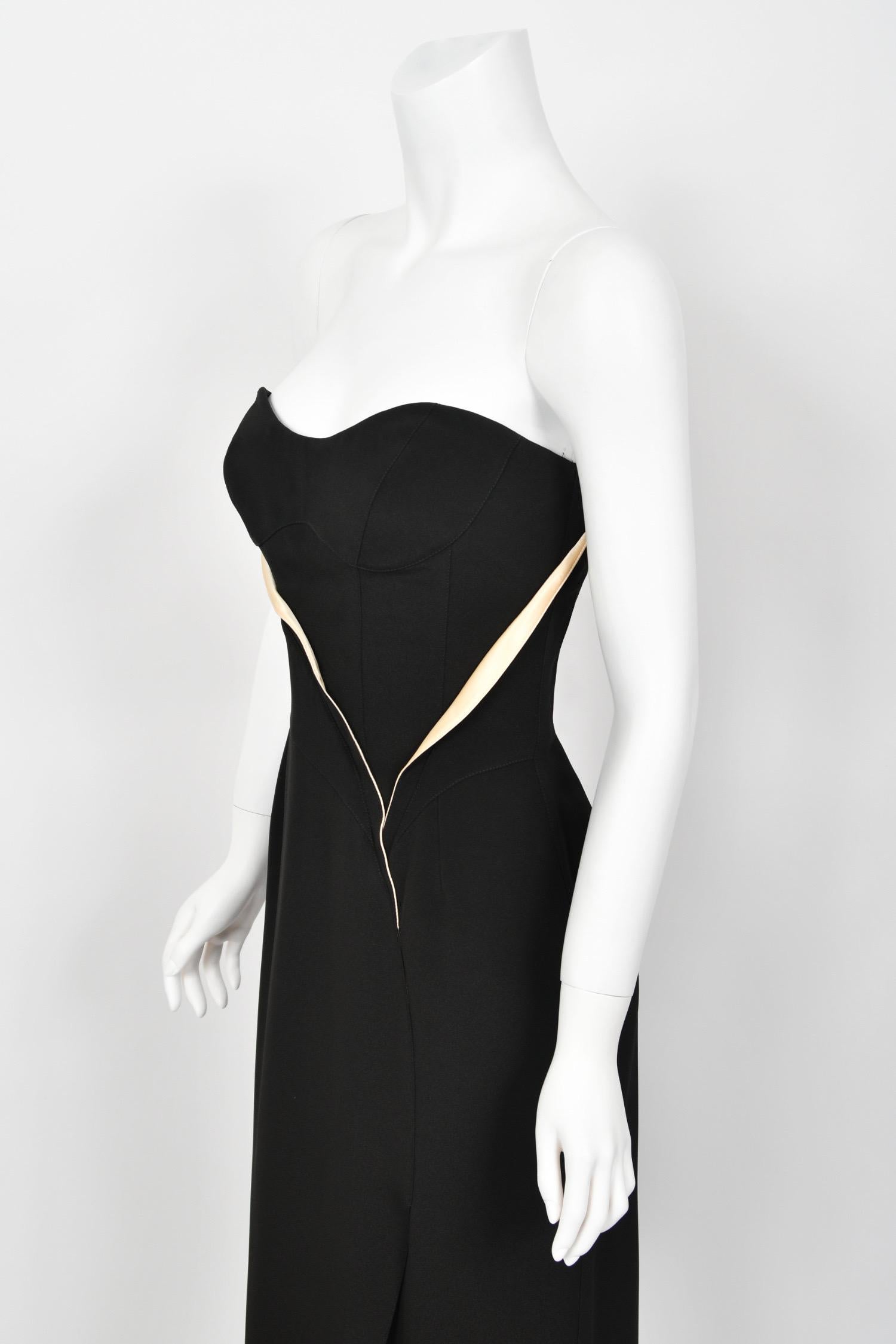 1999 Thierry Mugler Black & Ivory Strapless Bustier Hourglass High-Slit Gown For Sale 4