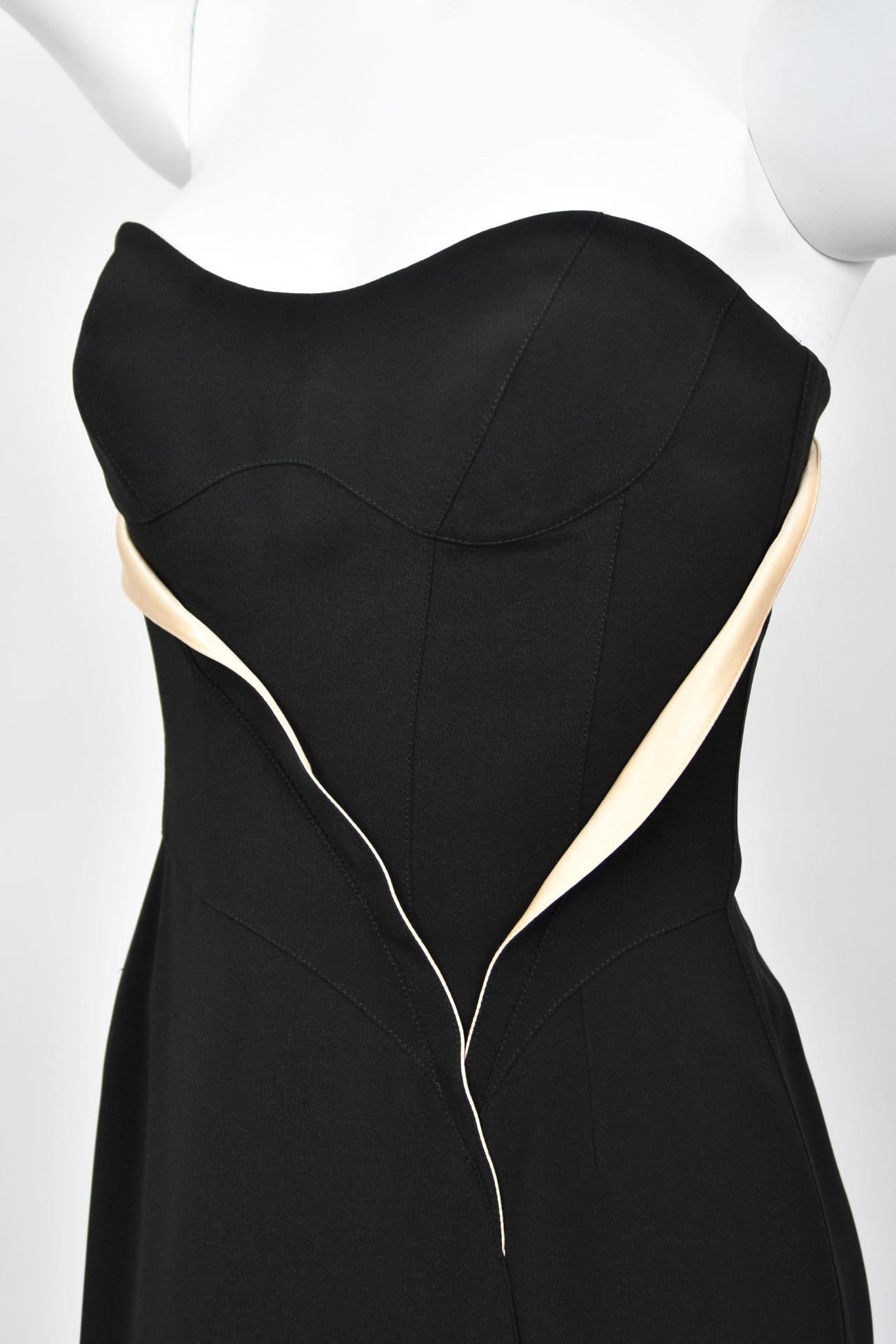 1999 Thierry Mugler Black & Ivory Strapless Bustier Hourglass High-Slit Gown For Sale 5