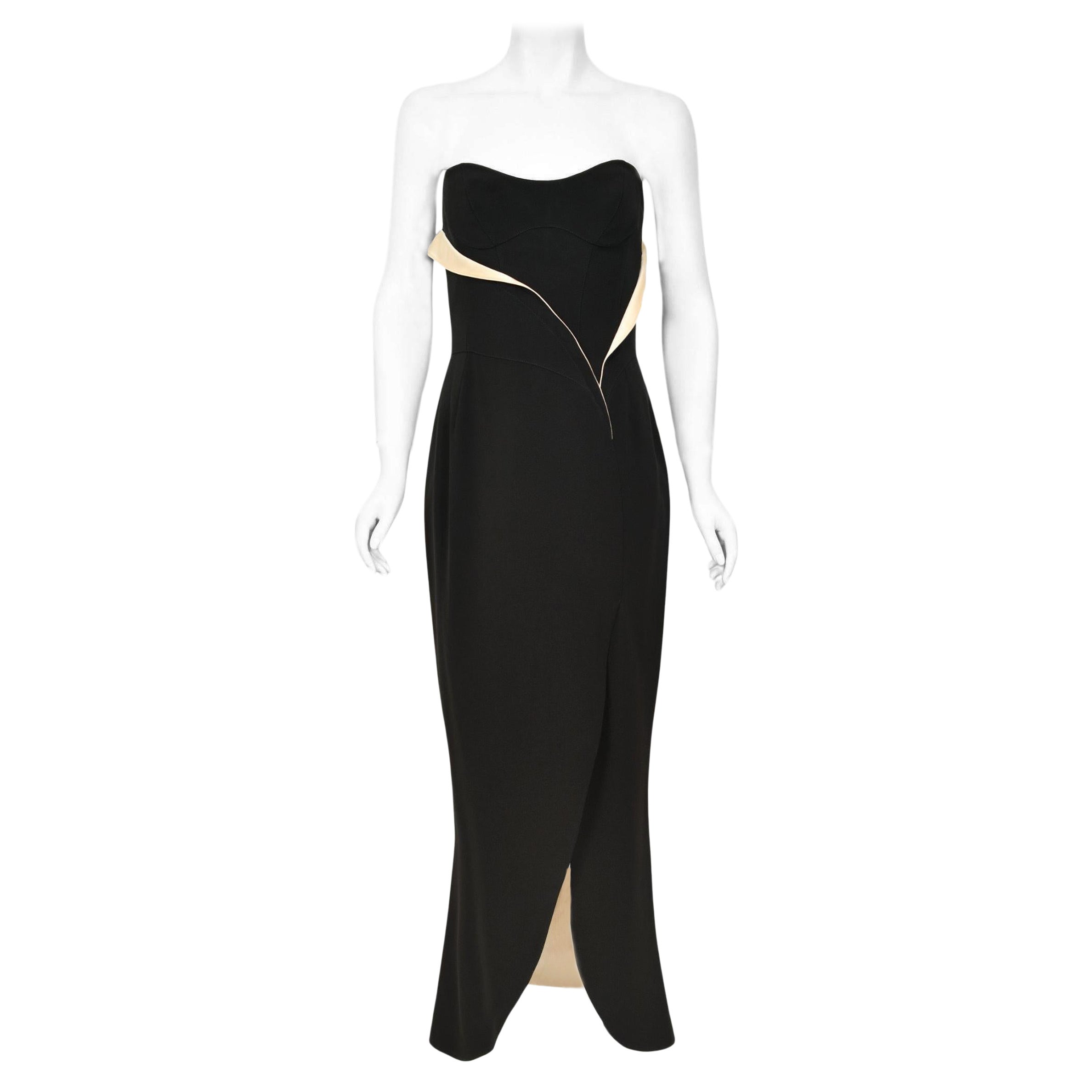 1999 Thierry Mugler Black & Ivory Strapless Bustier Hourglass High-Slit Gown For Sale