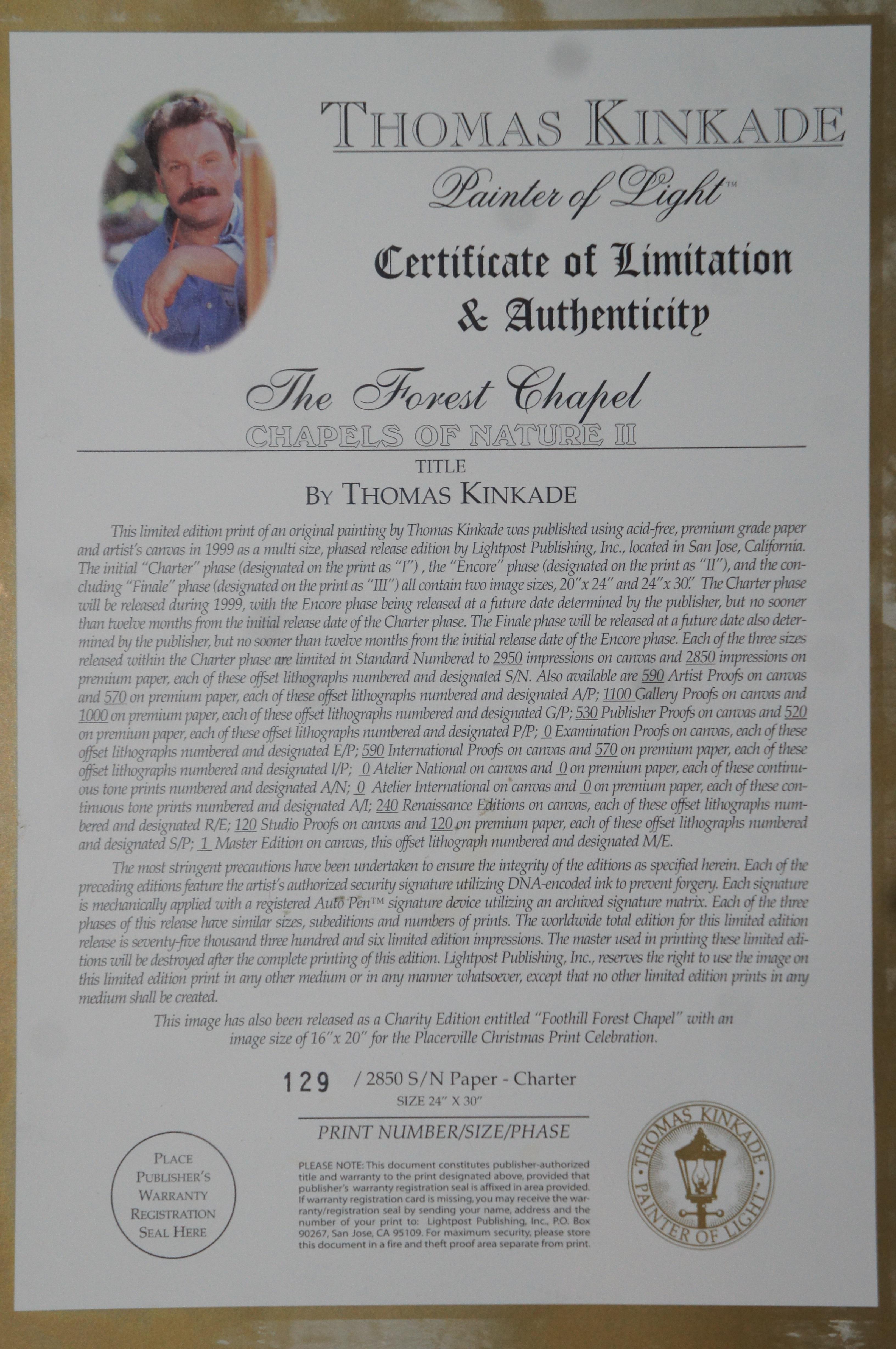 1999 Thomas Kinkade „Die Waldkapelle“, signierte Ltd Ed Lithographie, Flusslandschaft COA (Papier) im Angebot