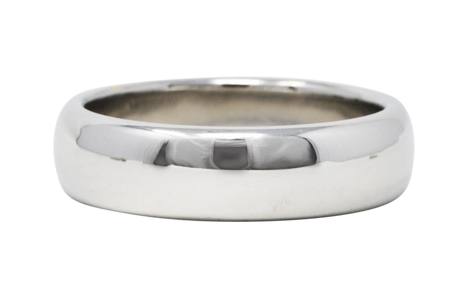 Band ring is designed with a rounded curvature

With a bright polish

Stamped PT950 for Platinum

Fully signed Tiffany & Co.

Circa: 1999

Ring Size: 9 & sizable

Measures North to South 6.0 mm and sits 2.0 mm high

Total weight: 14.5 grams

Time.