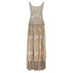 1999 Ungaro Haute Couture Green Floral Embroidered Cami Top and Skirt