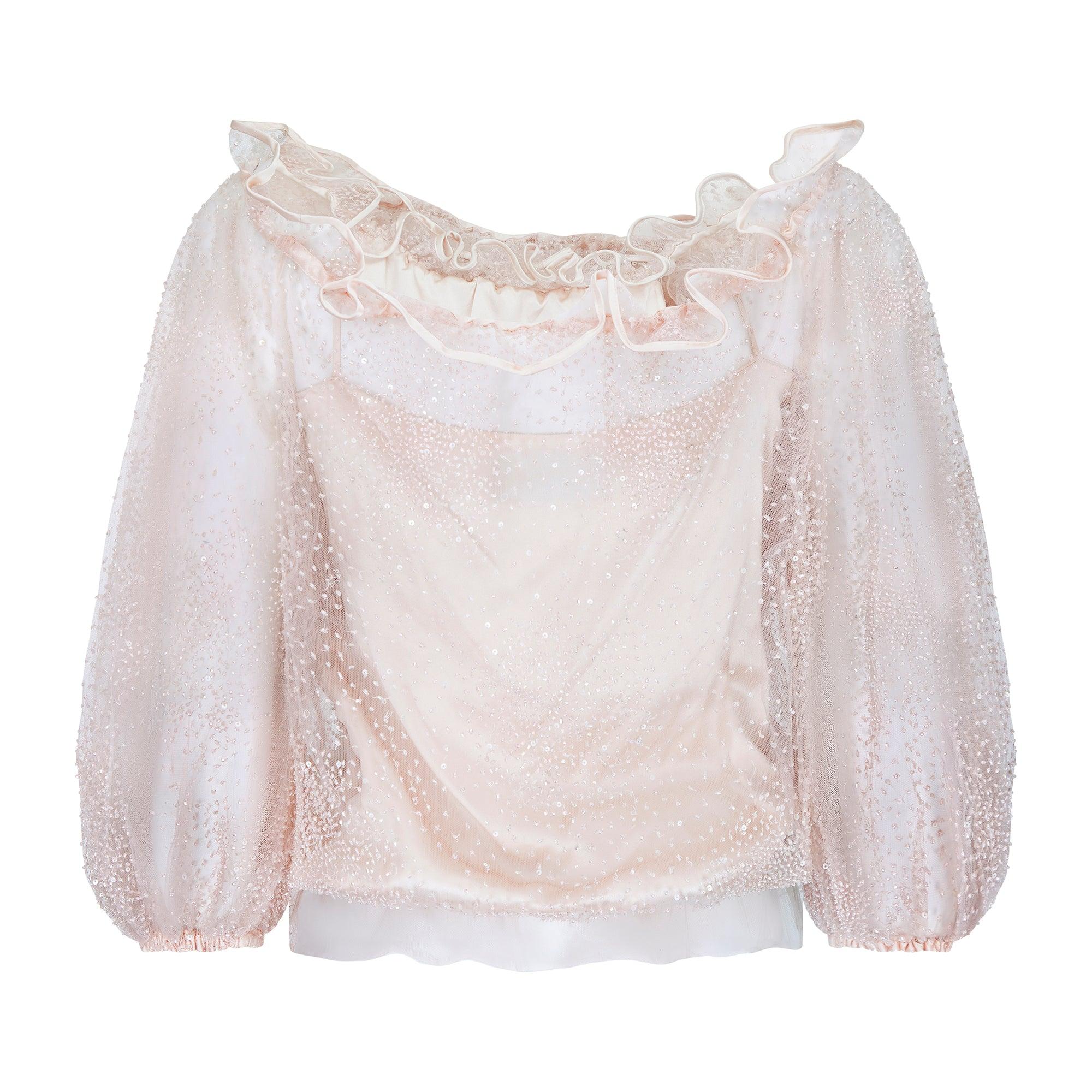 Gray 1999 Valentino Runway Documented Beaded Pink Tulle Ruffle Neck Top For Sale