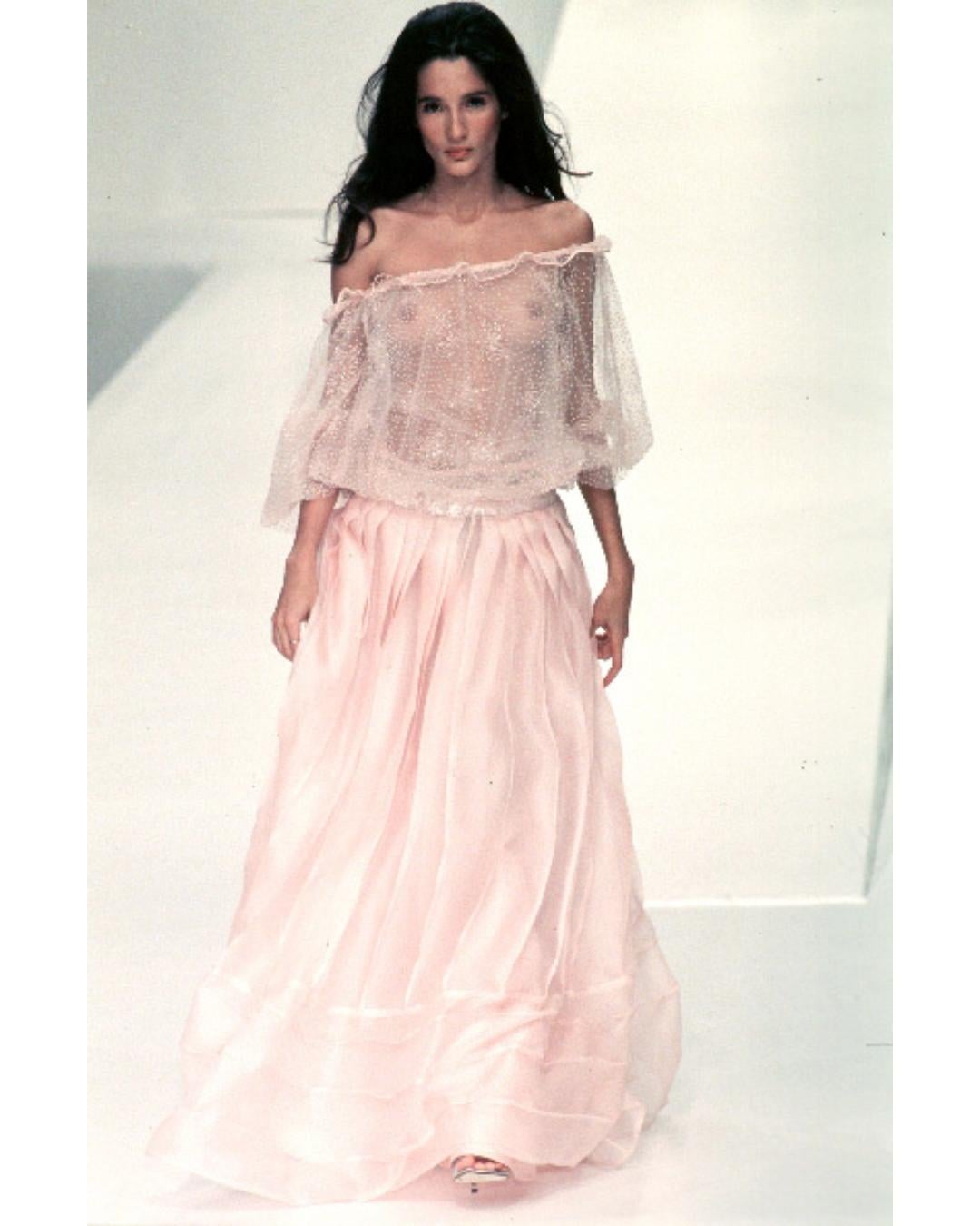 1999 Valentino Runway Documented Beaded Pink Tulle Ruffle Neck Top For Sale 1