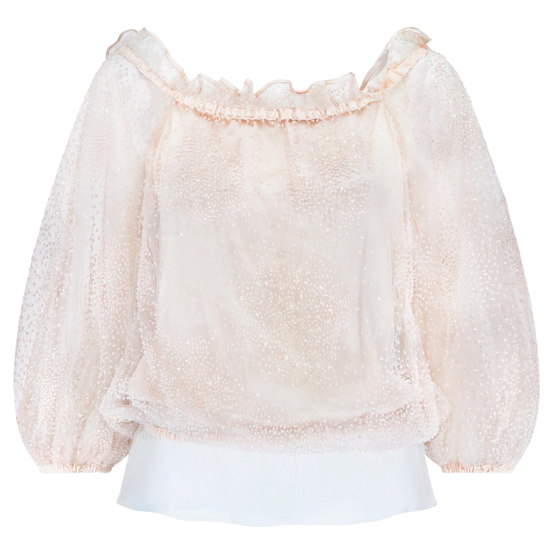 1999 Valentino Runway Documented Beaded Pink Tulle Ruffle Neck Top For Sale