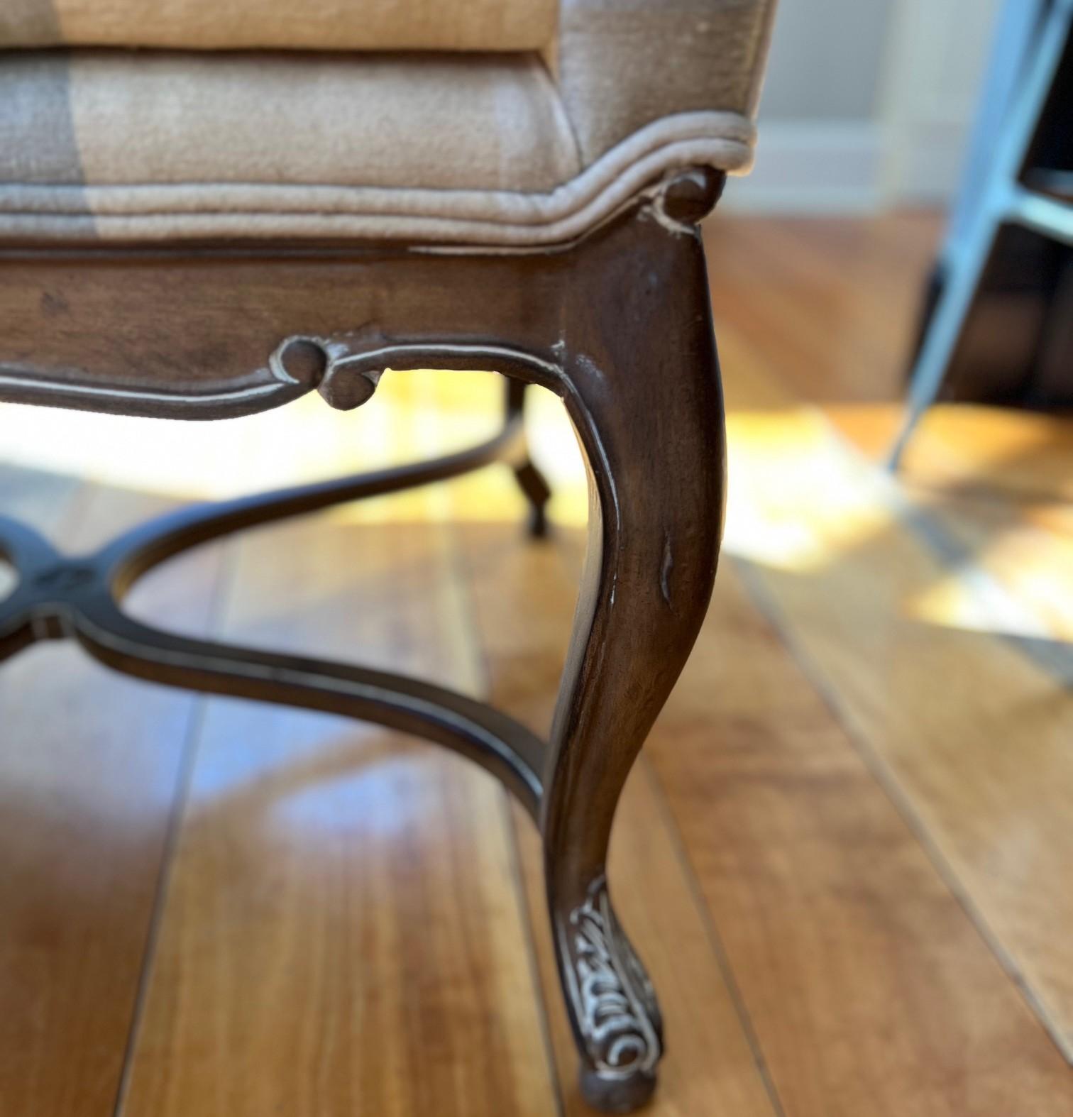 1999 Vanguard Furniture Armchair with Carved Details and Plaid Upholstery For Sale 2