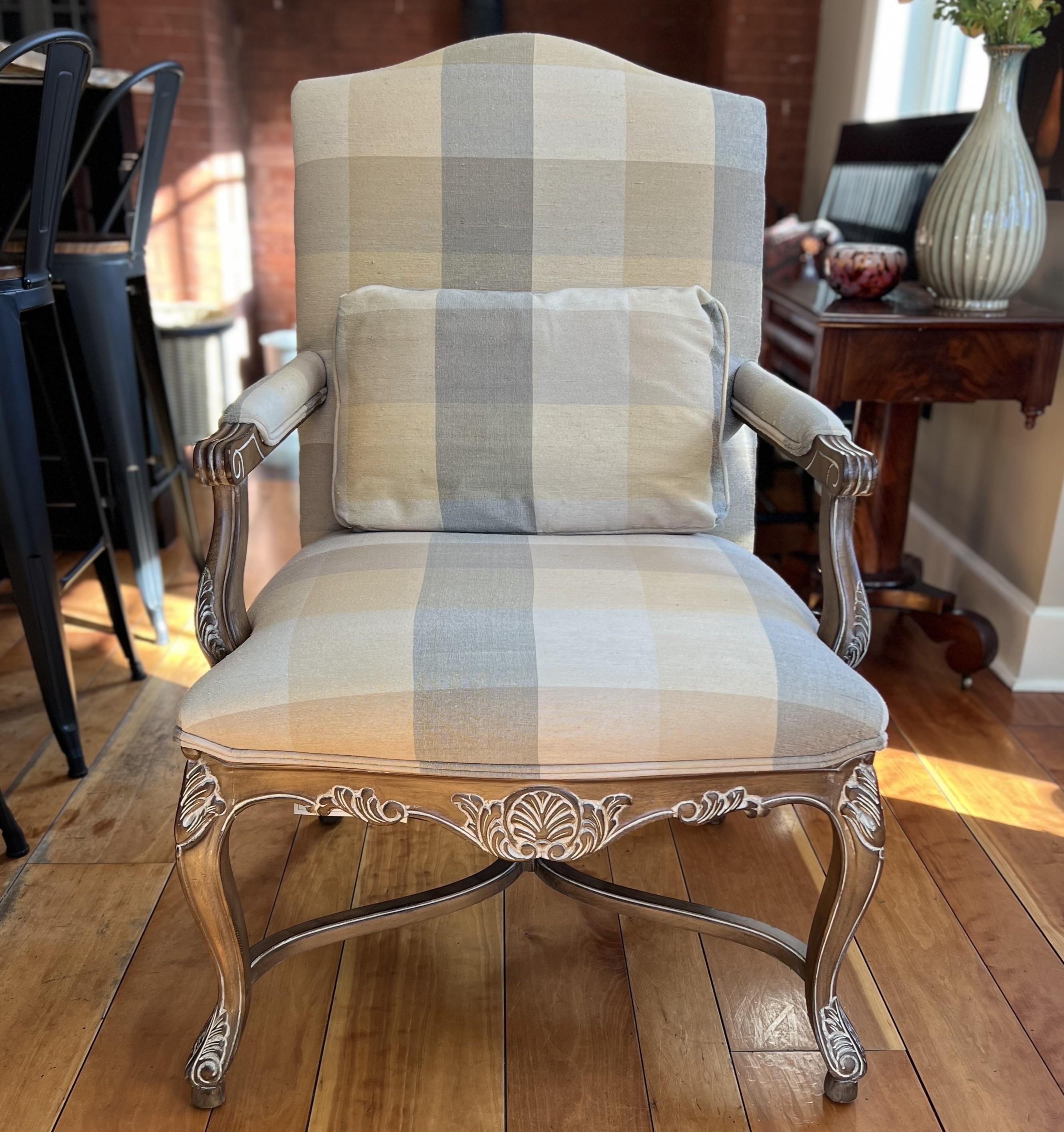 1999 Vanguard Furniture Armchair with Carved Details and Plaid Upholstery For Sale 7