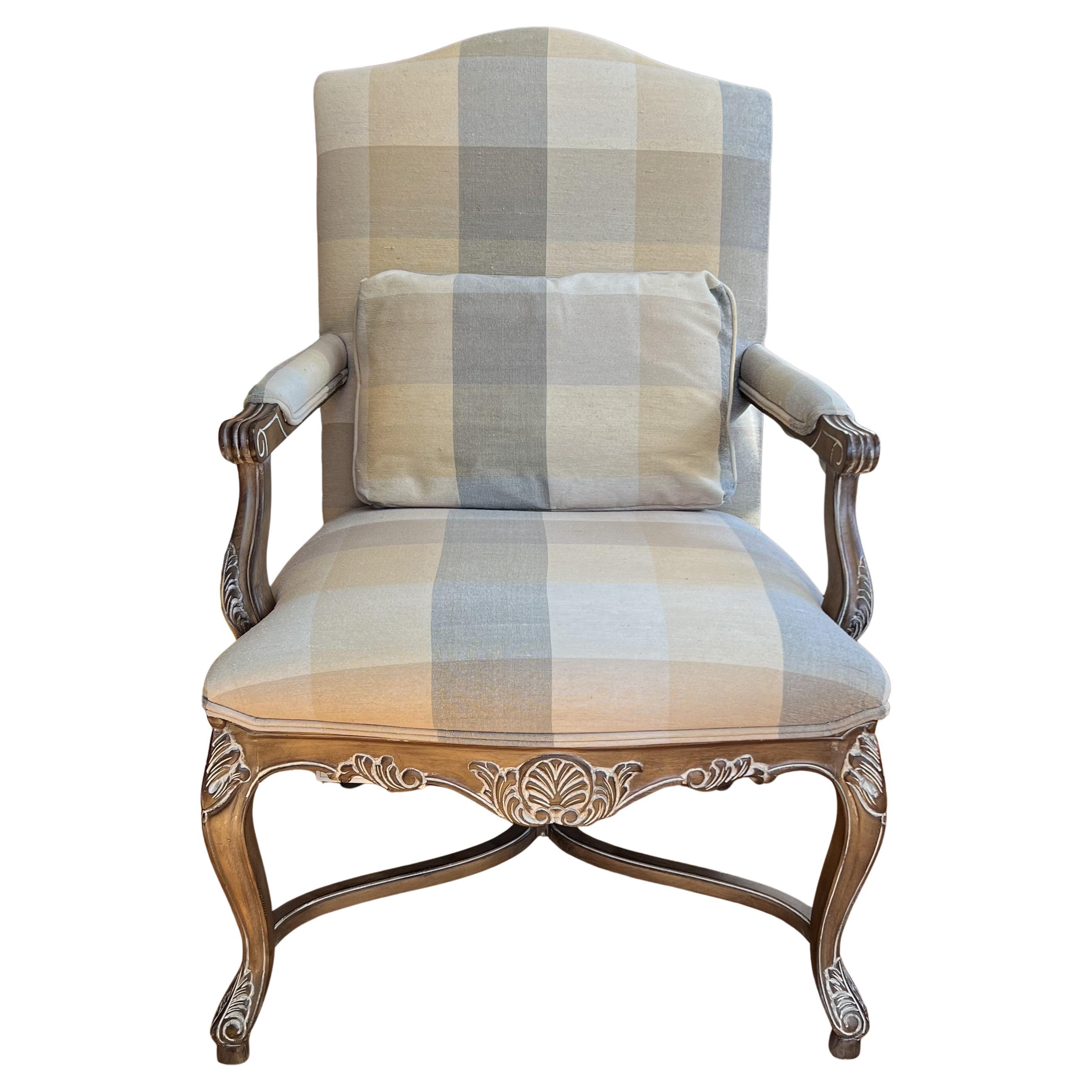 Country 1999 Vanguard Furniture Armchair with Carved Details and Plaid Upholstery For Sale
