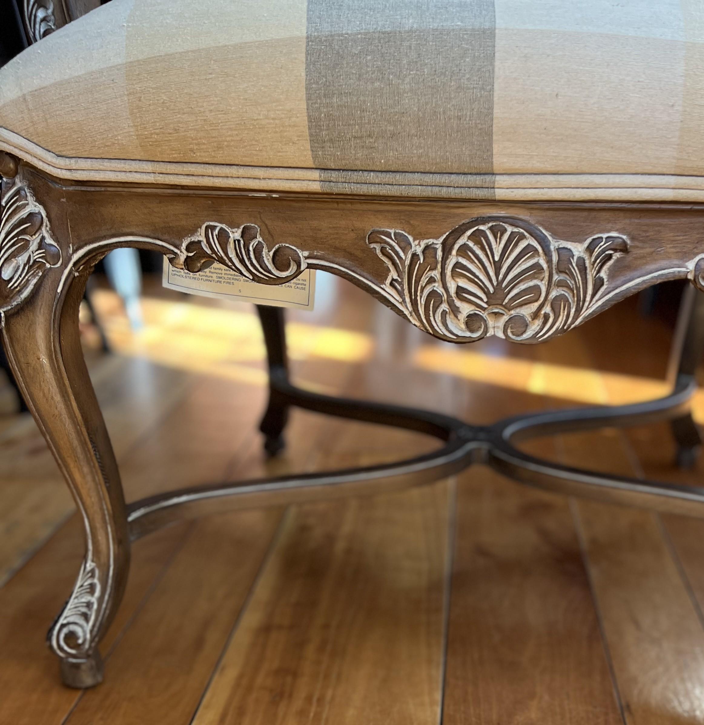Hand-Painted 1999 Vanguard Furniture Armchair with Carved Details and Plaid Upholstery For Sale