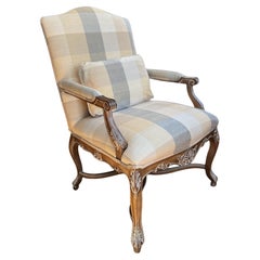 1999 Vanguard Furniture Armchair with Carved Details and Plaid Upholstery