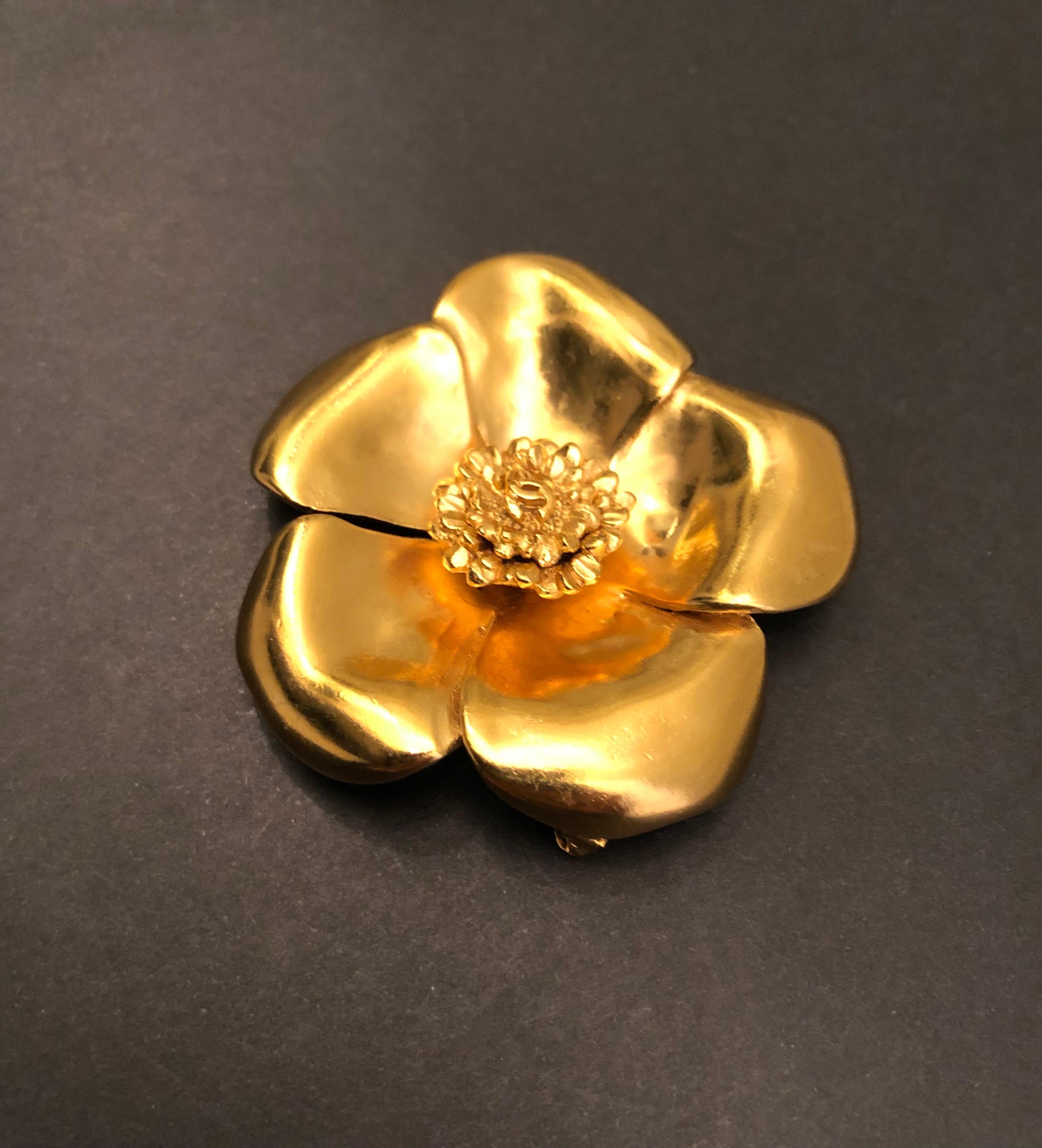 1999 Vintage CHANEL Gold Toned Camellia Brooch 1