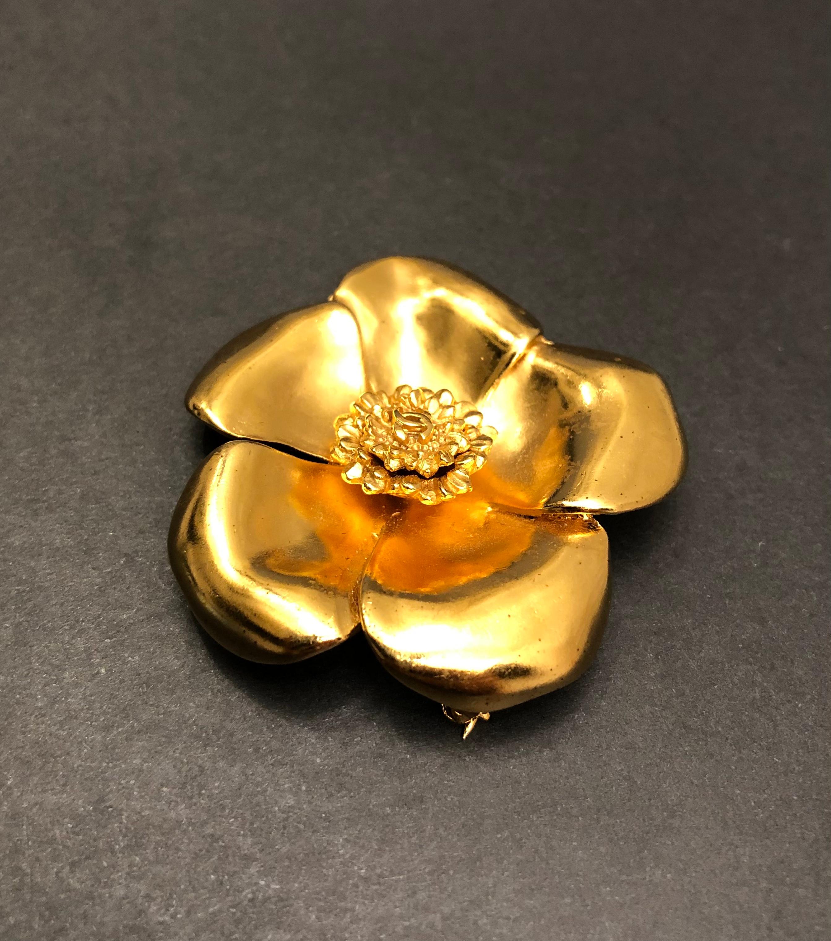 1999 Vintage CHANEL Gold Toned Camellia Brooch For Sale 2