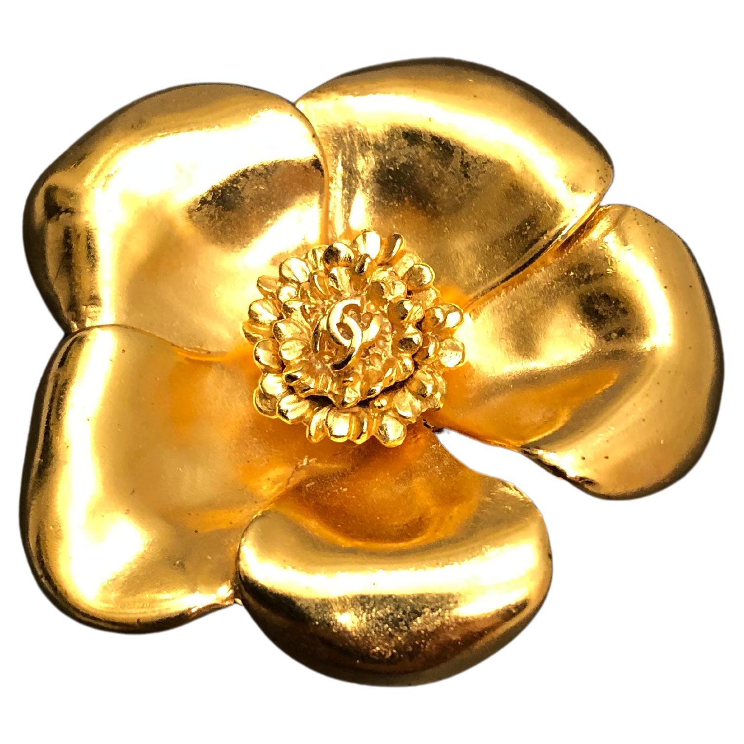 1999 Vintage CHANEL Gold Toned Camellia Brooch For Sale