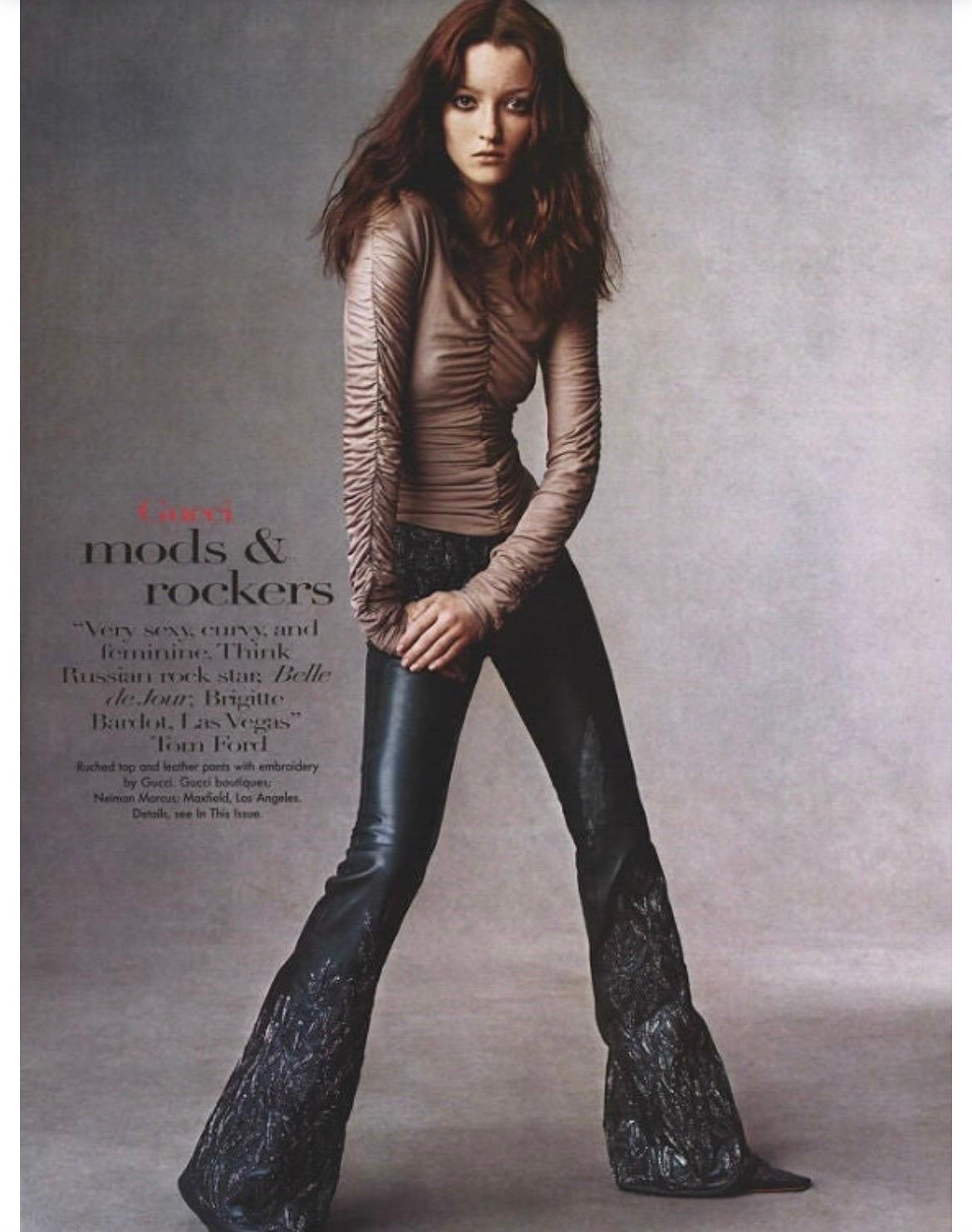 Black 1999 Vintage Tom Ford for Gucci Embroidered Leather pants & Silk Ruched Top For Sale