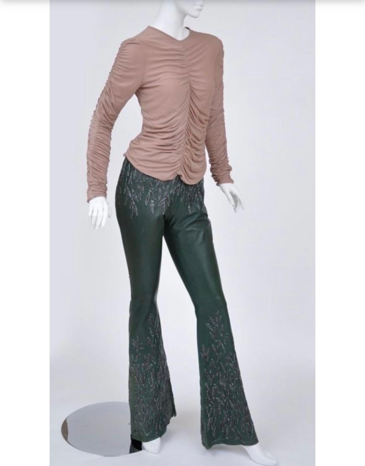 1999 Vintage Tom Ford for Gucci Embroidered Leather pants & Silk Ruched Top For Sale 1