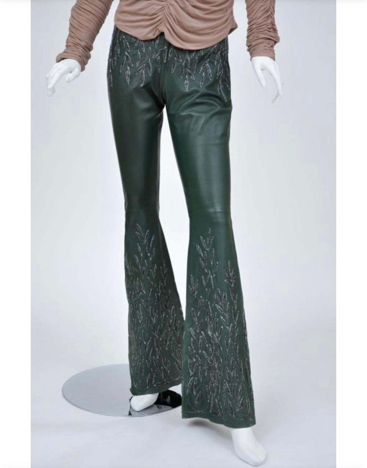 1999 Vintage Tom Ford for Gucci Embroidered Leather pants & Silk Ruched Top For Sale 3
