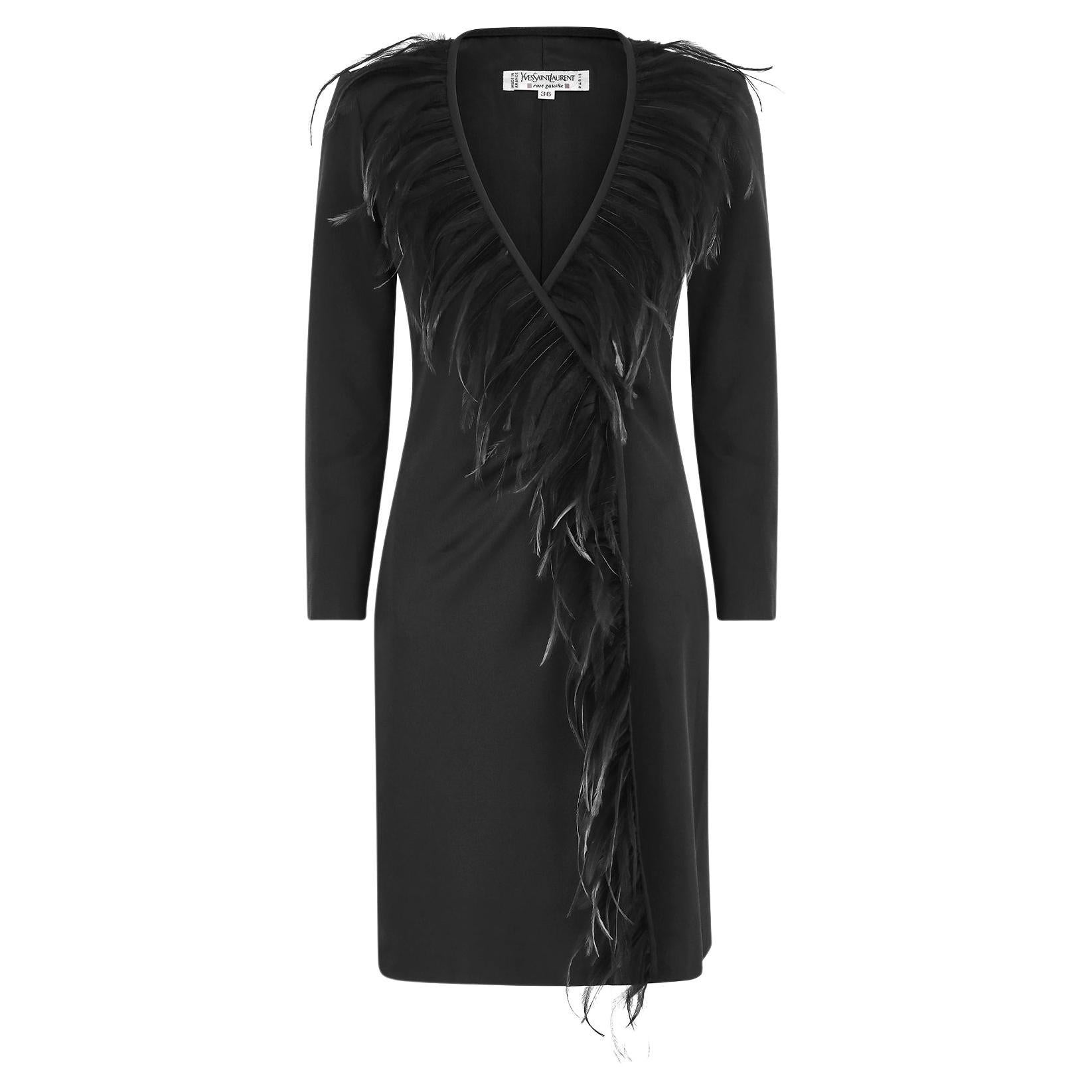 1999 Yves Saint Laurent Black Feather Wrap Dress For Sale